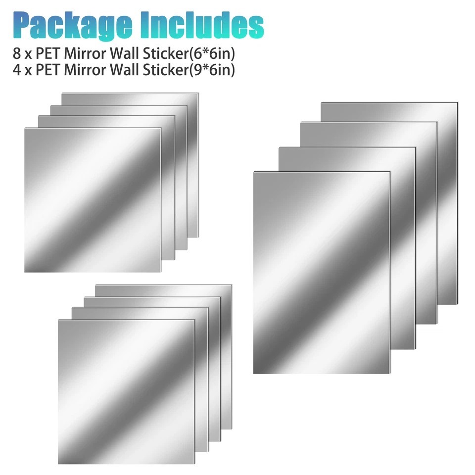 12Pcs 2-Size Self Adhesive Mirror Sheets Reflective Wall Sticker Film Home Decor