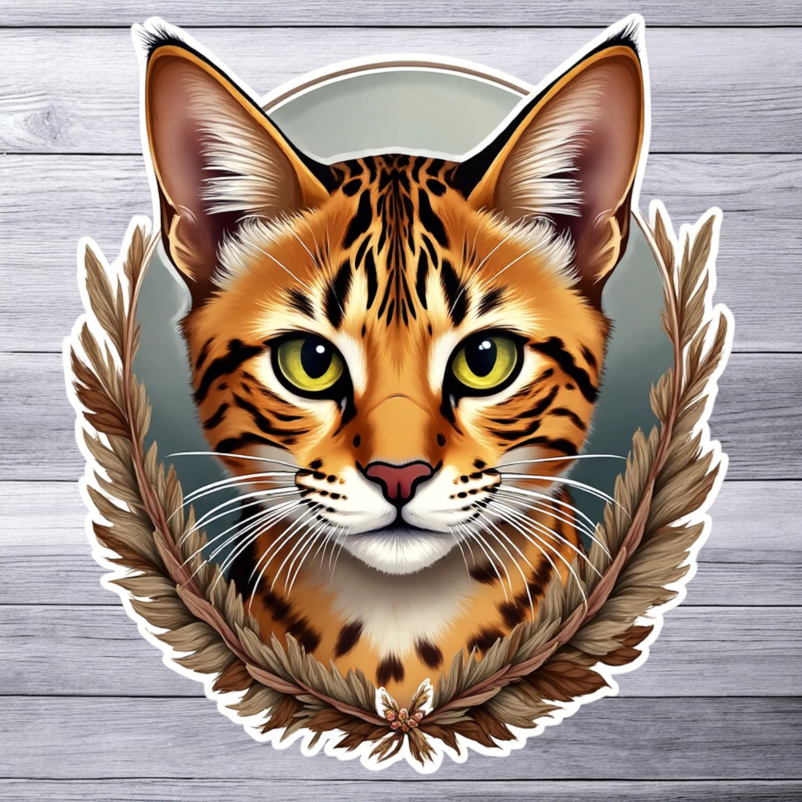Tabby Cat Sticker Vinyl Decal Botanical Laurel Wreath Nature Pet Art