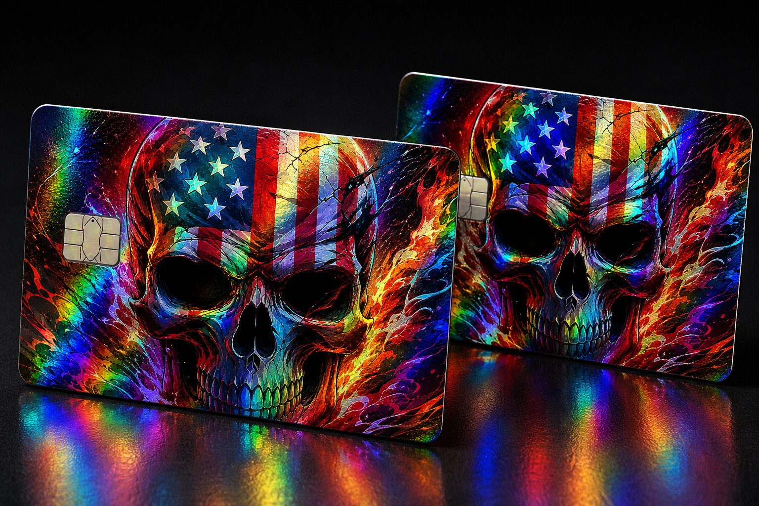 HOLO SKULL SKELETON USA FLAG Credit Debit Bank Card Skin Cover Sticker Set 2PCS