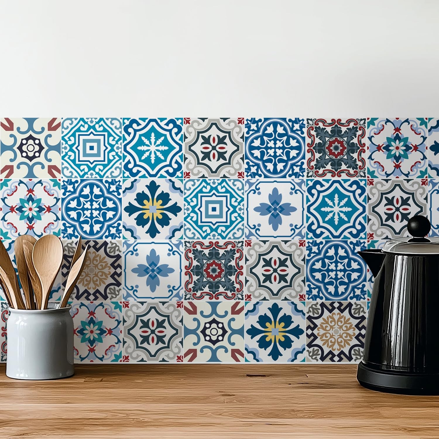 30 Pack, 4×4 Inch Eclectic Mediterranean Tile Stickers, Colorful Mosaic Peel …