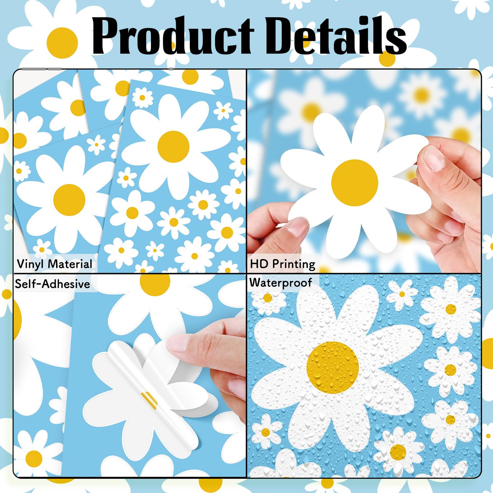 Daisy Wall Decal, 8 Sheets 96Pcs Daisy Flower Wall Stickers Peel and Stick Wh…