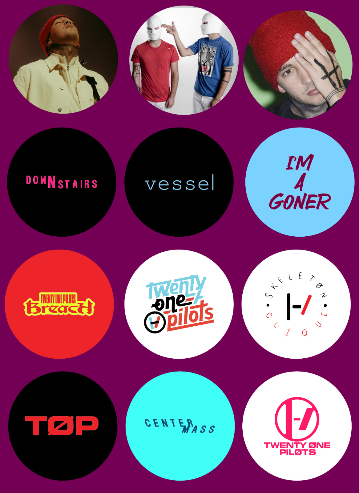Twenty One Pilots sticker sets, Water Resistant, easy peel, 2-3", 12 Sets
