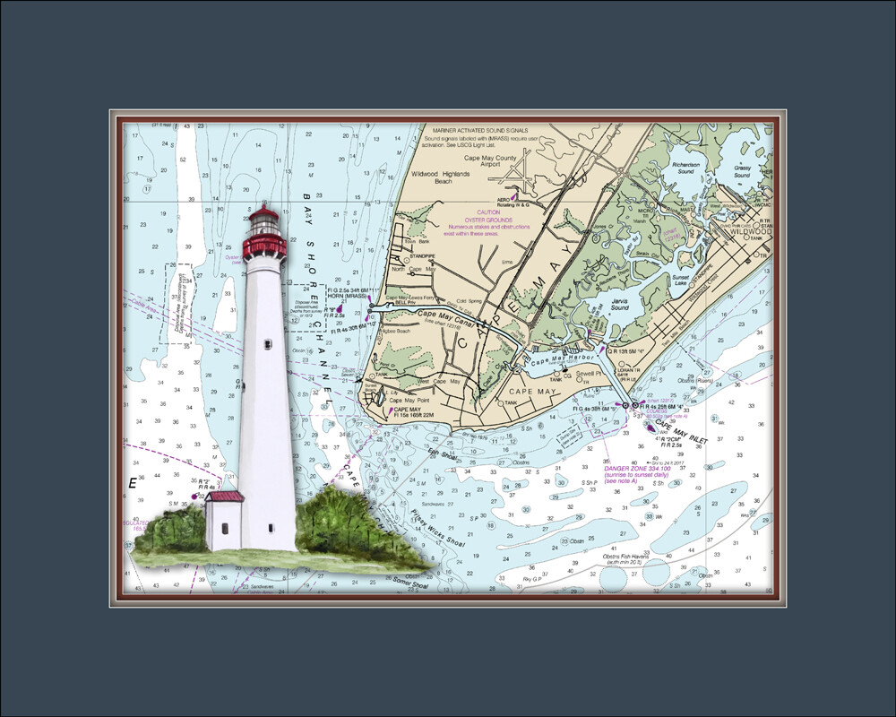cape May Ligthouse and Nautical Chart High Quality Canvas Print