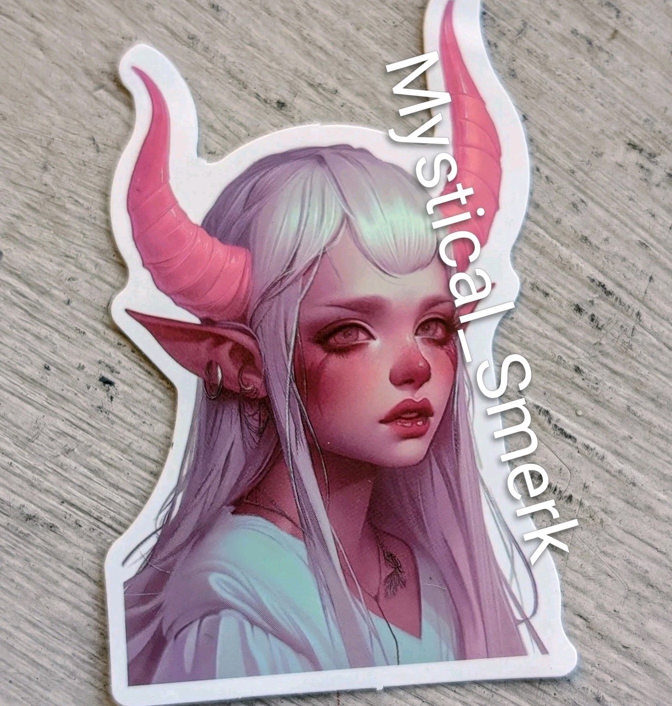 Haunted Doll Active Spirit Demon Girl With Pink Horns White Elf Sticker 1Pc
