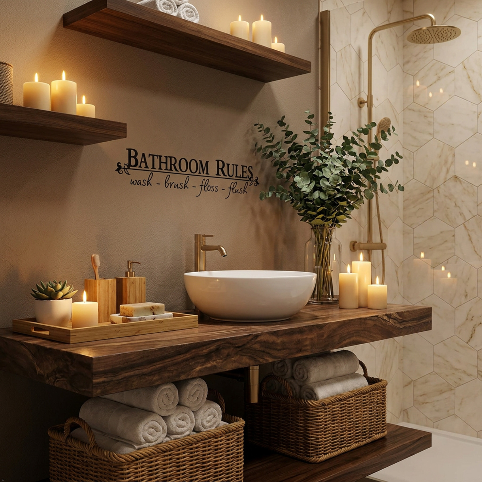 Bathroom Rules Wash Brush Floss Flush Quote Saying Wall Sticker Home Decal Decor