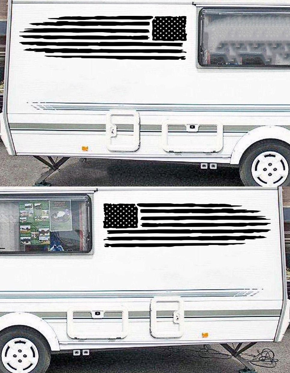 Distressed American Flag in Matte Black Waterproof Vinyl Decal Truck RV Camper