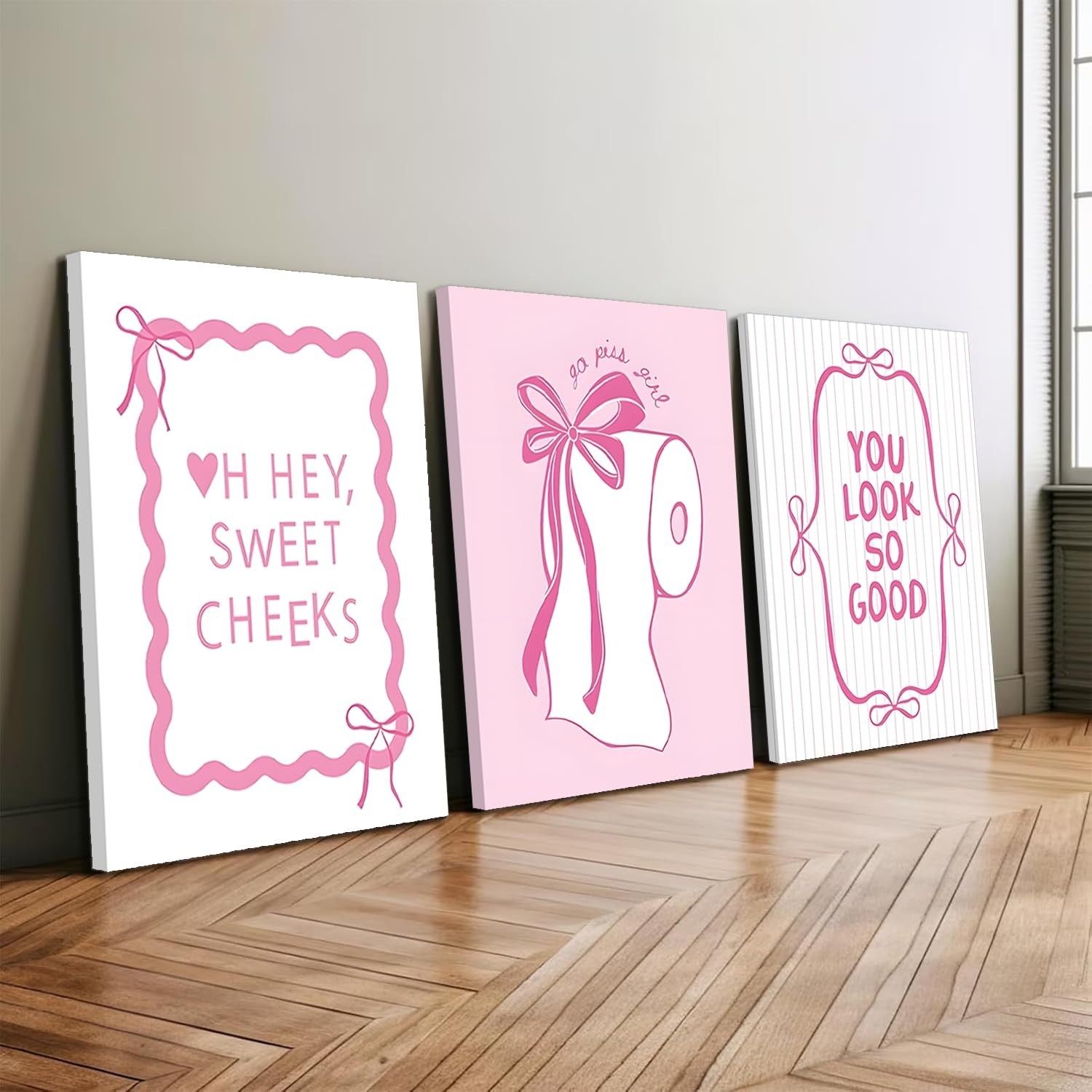 JBZDD 3Pcs Pink Bow Bathroom Canvas Wall Art Bowknot Coquette Posters Prints …