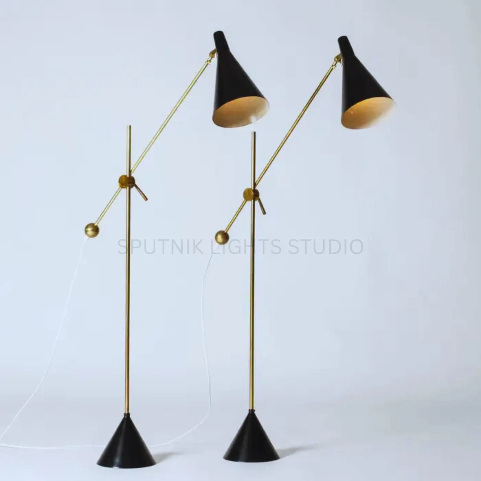 Handcrafted Mid-Century Brass Floor Lamp | Adjustable Black Cone Shade, Minimali