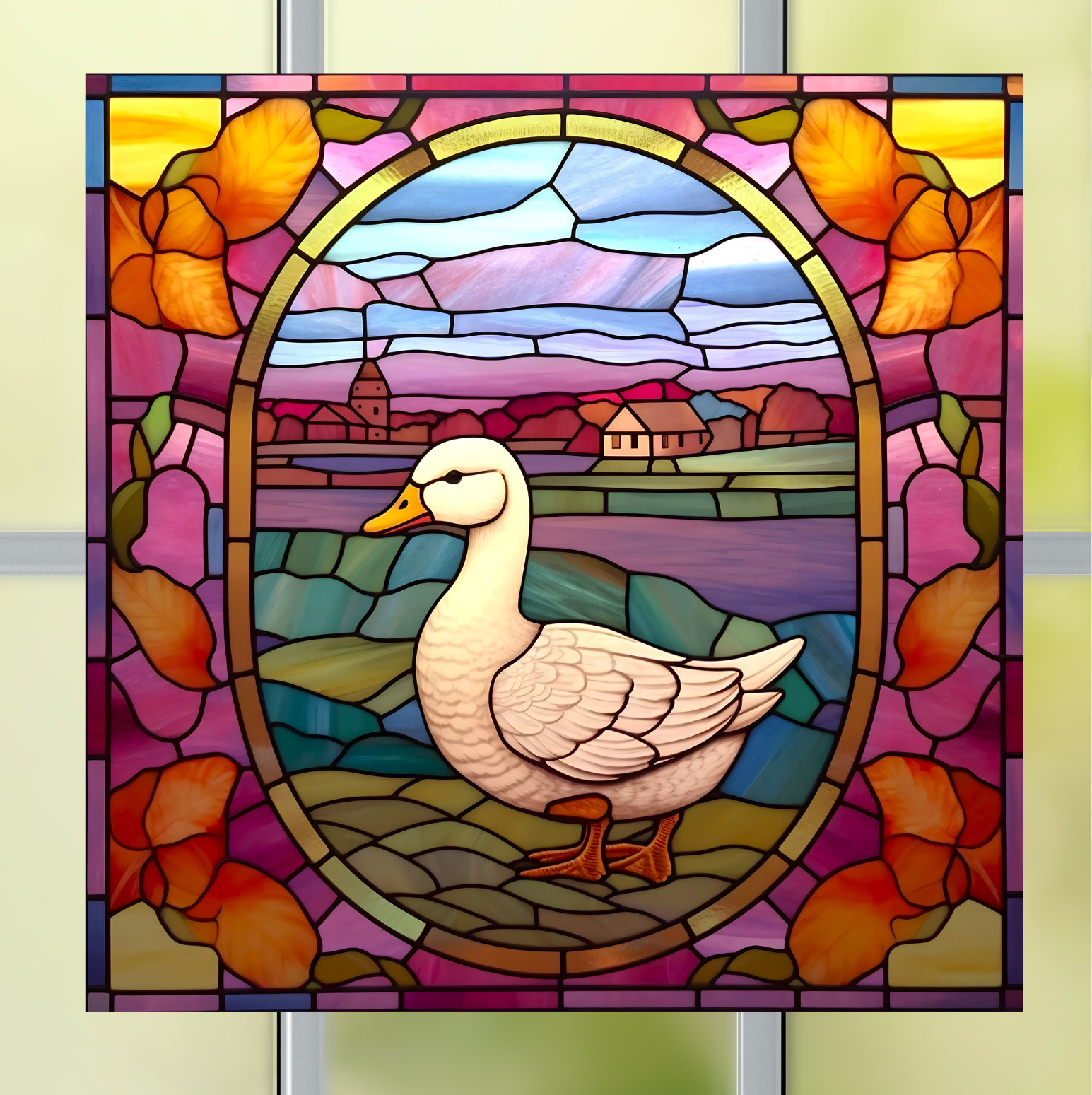 White Goose Faux Stained-Glass WINDOW CLING Size 8" Square Vinyl