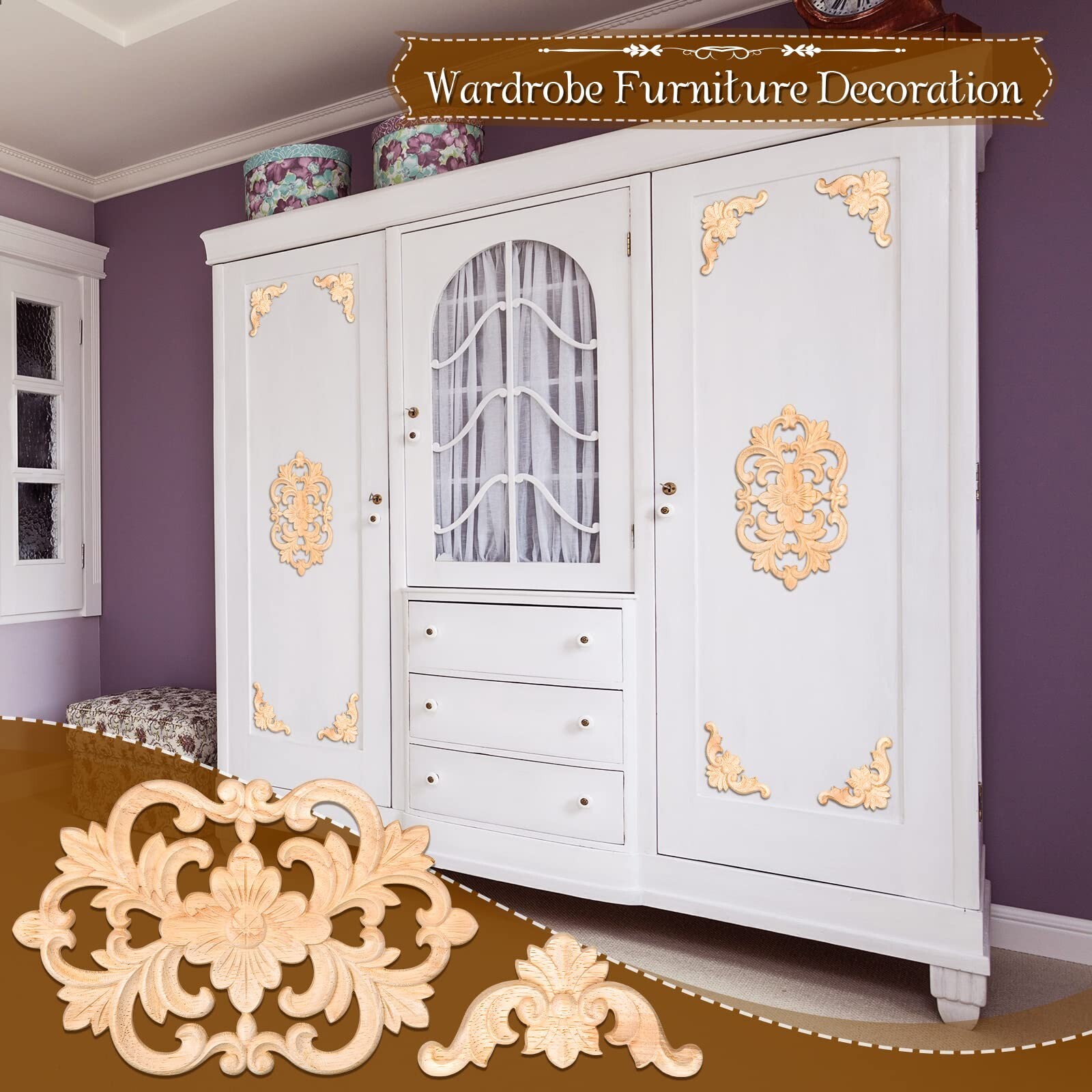 10 Pcs Wood Appliques Decorative Wood Appliques Onlays for Furniture Door Cen…