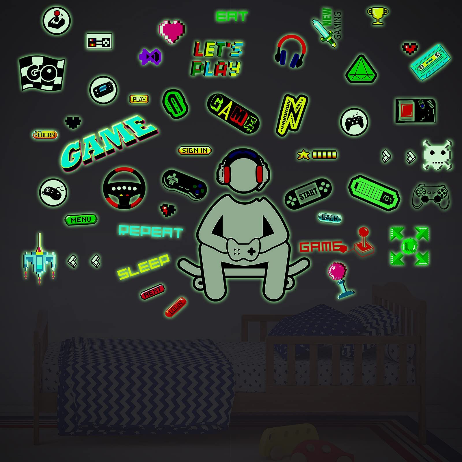 Glow In The Dark Game Wall Decal Video Game Controller Wall Decor for Boys Room