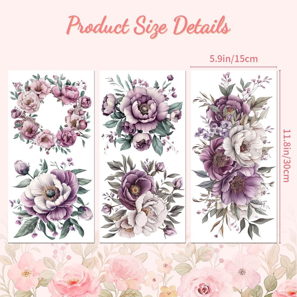 Rub on Transfer Sticker for Furniture Crafts Decor 6"X12" Pink and Purple Flower