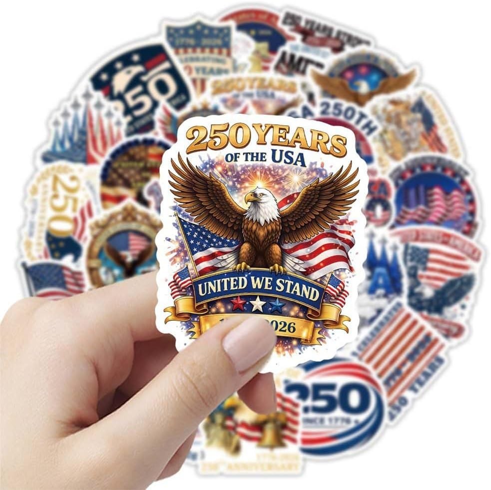 50PCS USA 250th Anniversary Stickers Patriotic Waterproof Vinyl Decals