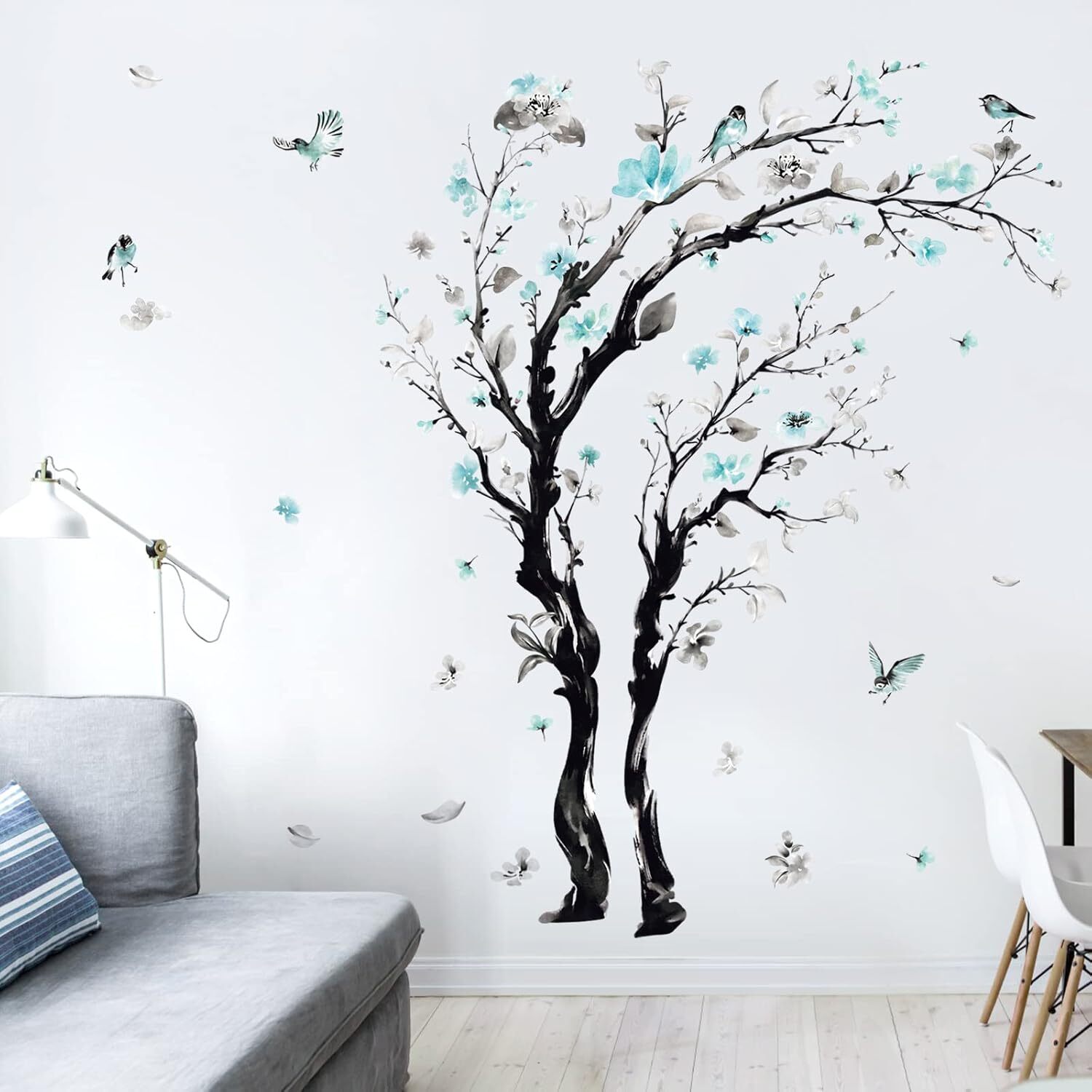 decalmile Large Watercolor Tree Wall Decals Blue Flower Branch Multi Color