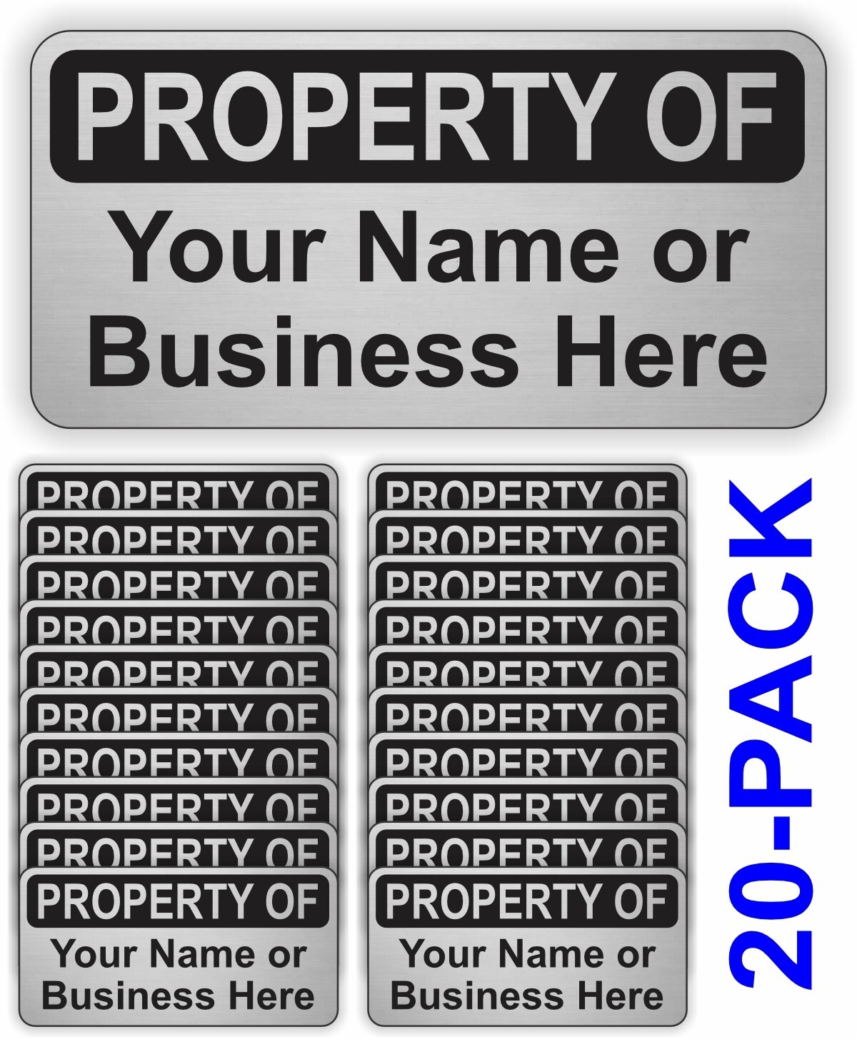 20 pk Custom Printed PROPERTY OF Silver Vinyl Stickers Decals Your Name Business