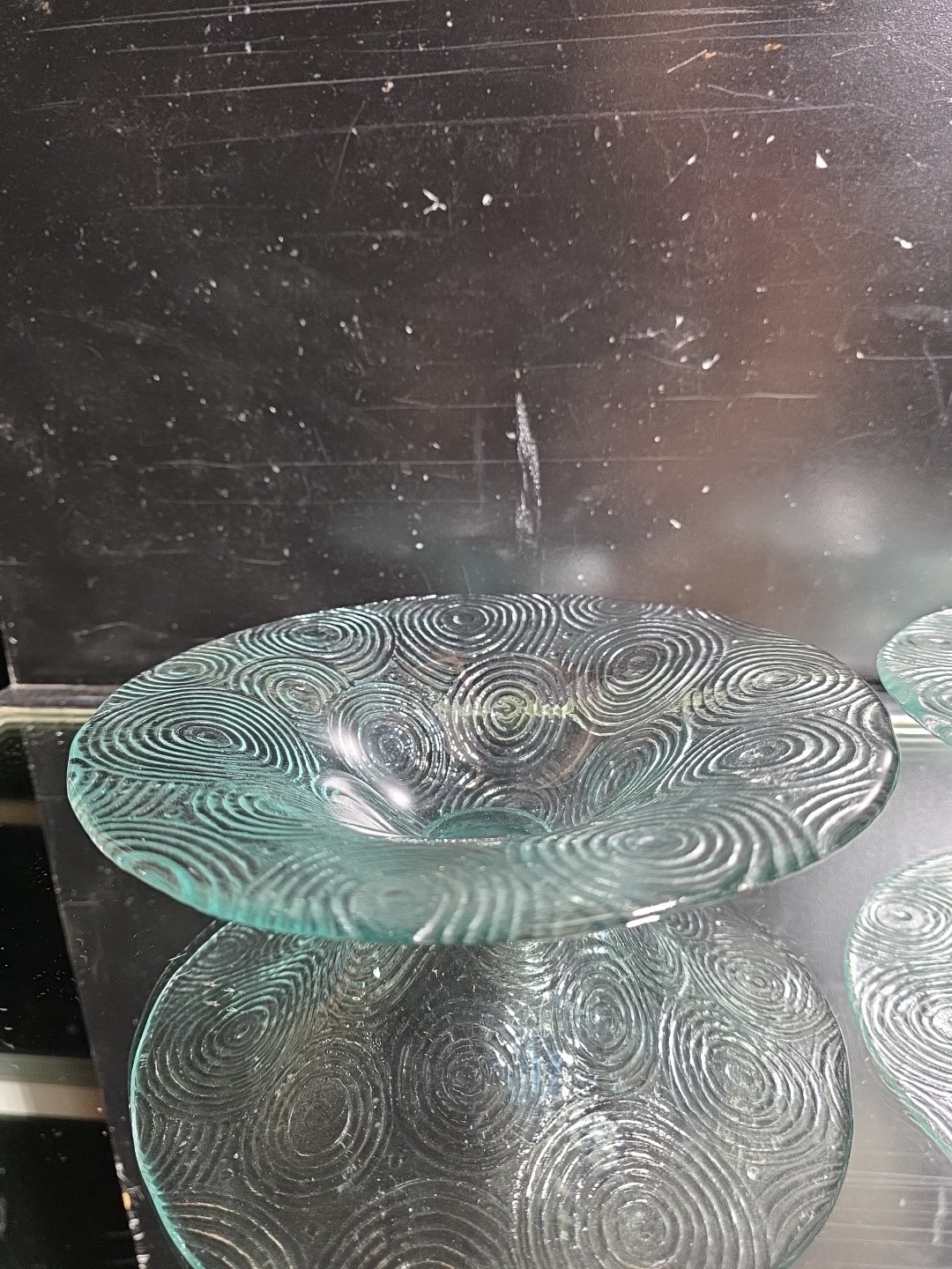 Vintage Clear Glass Pedestal Bowl Concentric Swirl Spiral Textured Art Glass 9"