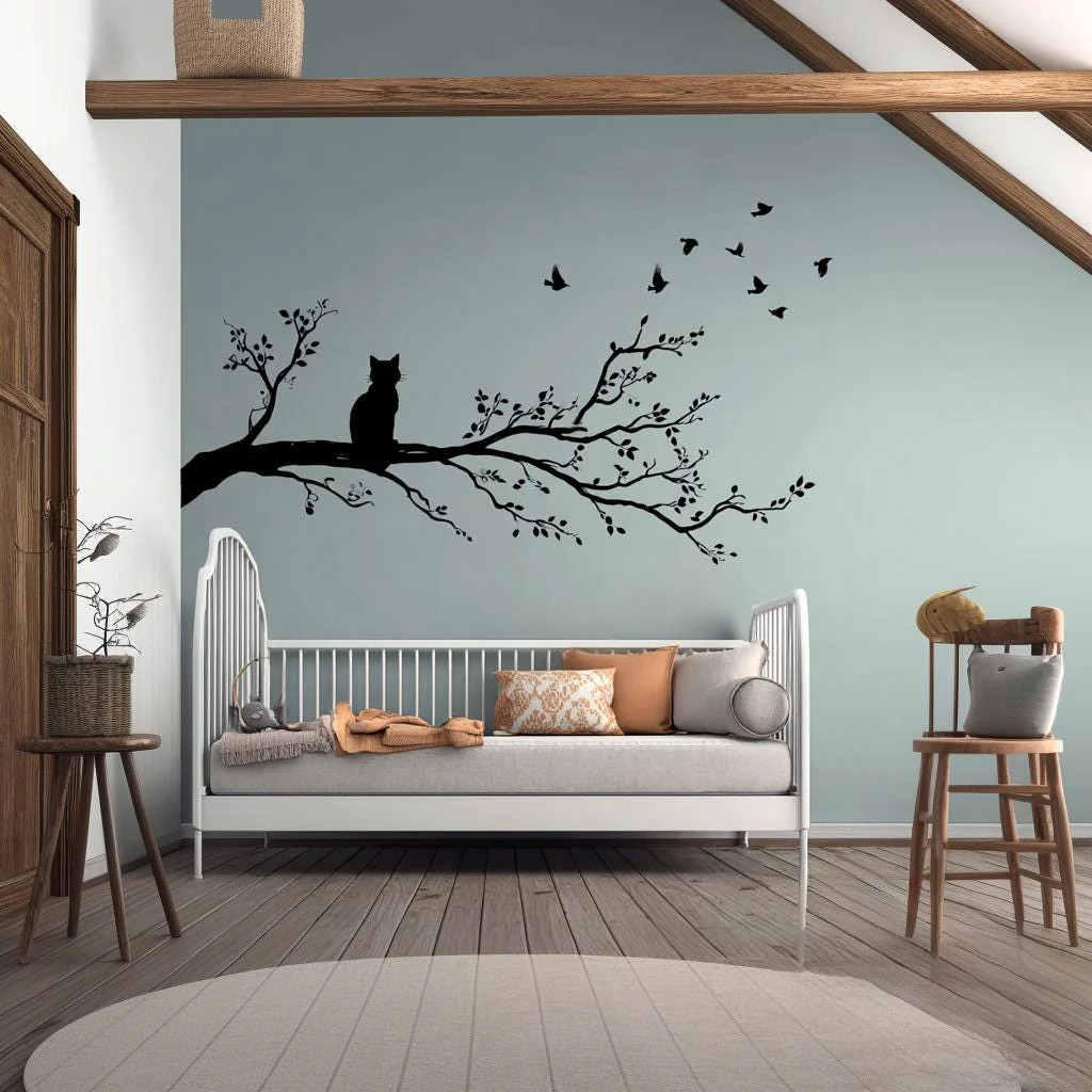 Cat on Tree Branch Wall Decal | Vinyl Cat and Birds Sticker