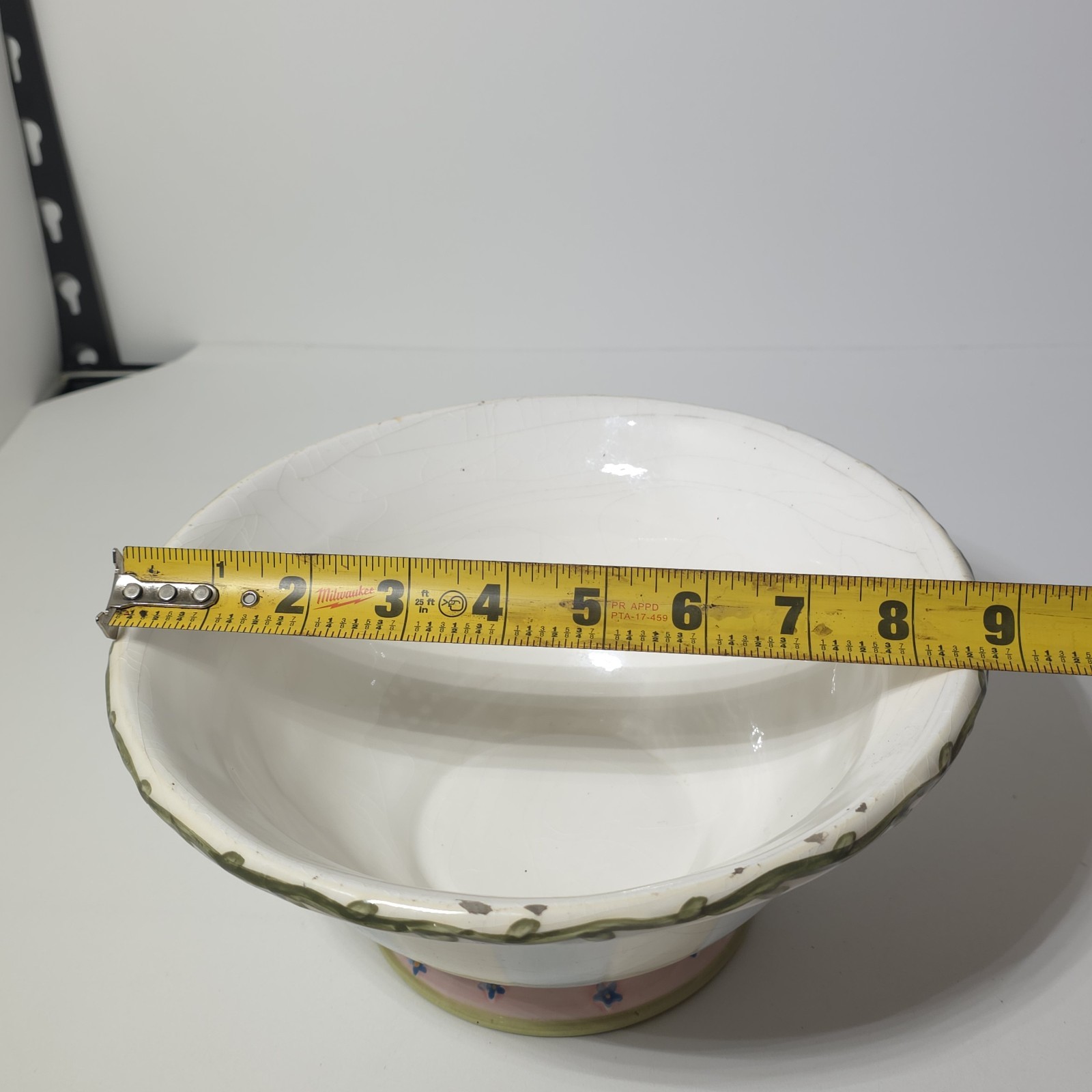 Vintage Cottagecore Pink Rose Blue Striped Footed Ceramic Serving Bowl 9" x 4"