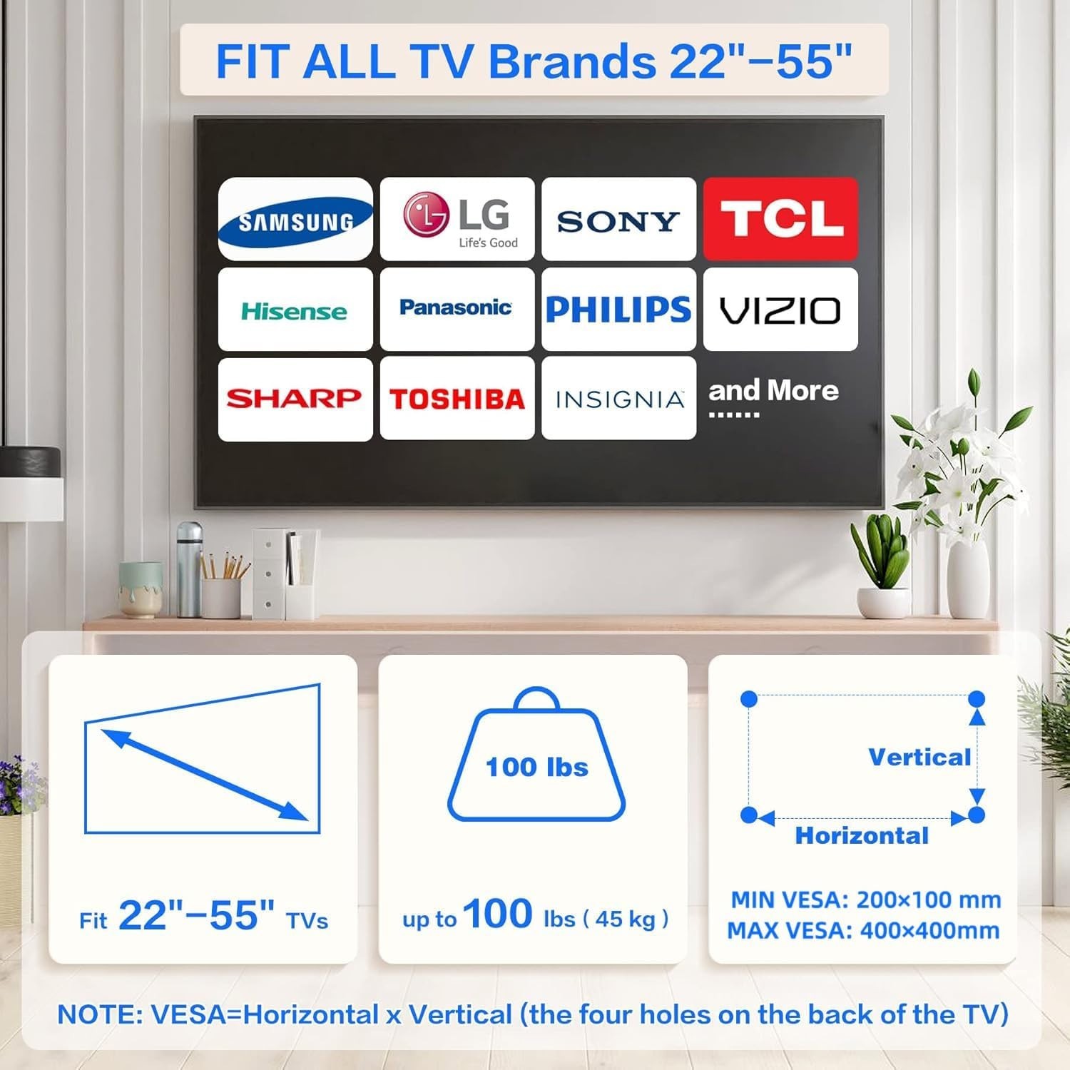 No Drill Drywall TV Mount, No Stud TV Wall Mount for Most Brand 22-55 Inch Tvs u