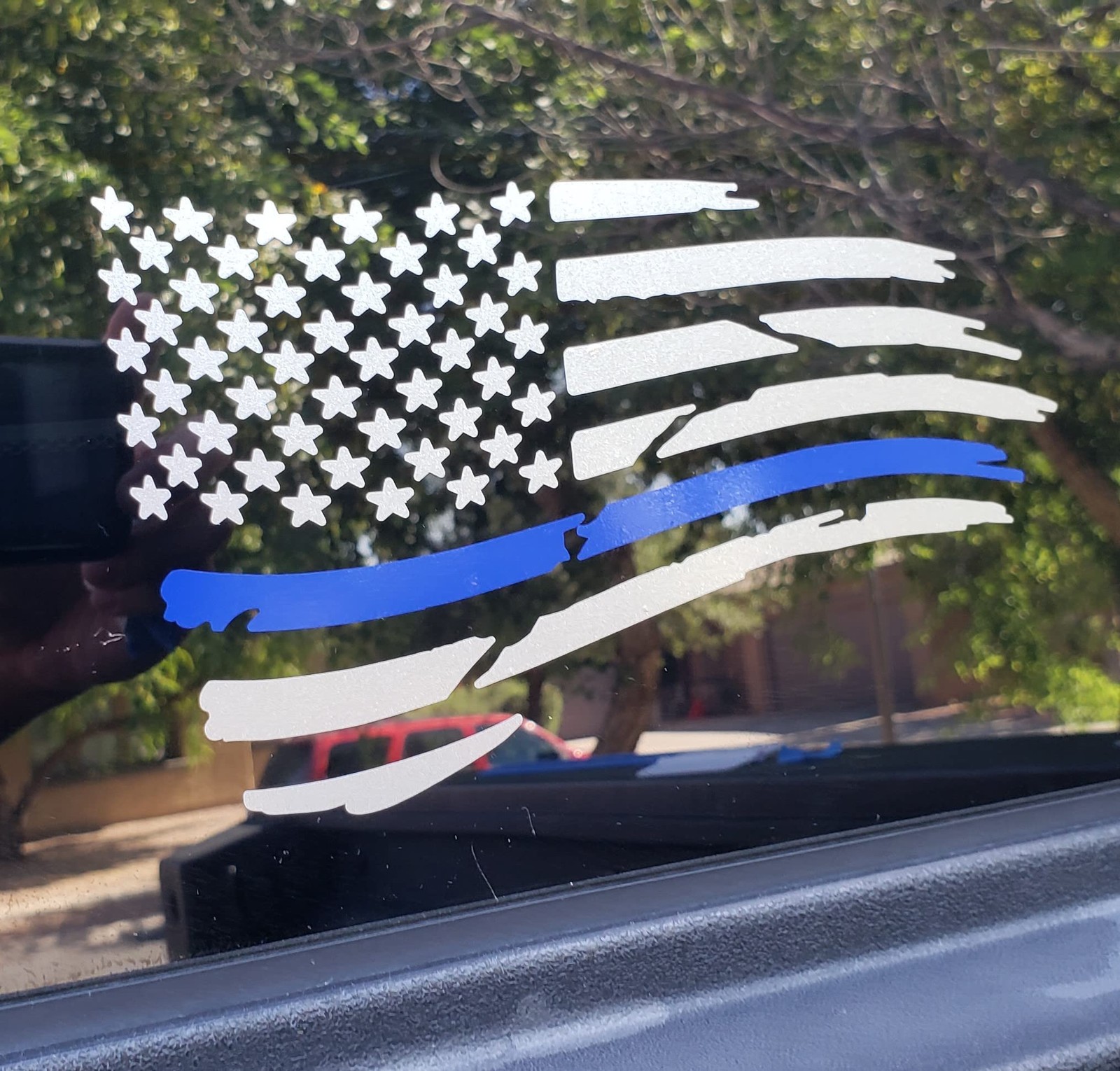 Thin Blue Line American Flag Decal w/Installation Kit (Metallic Silver)