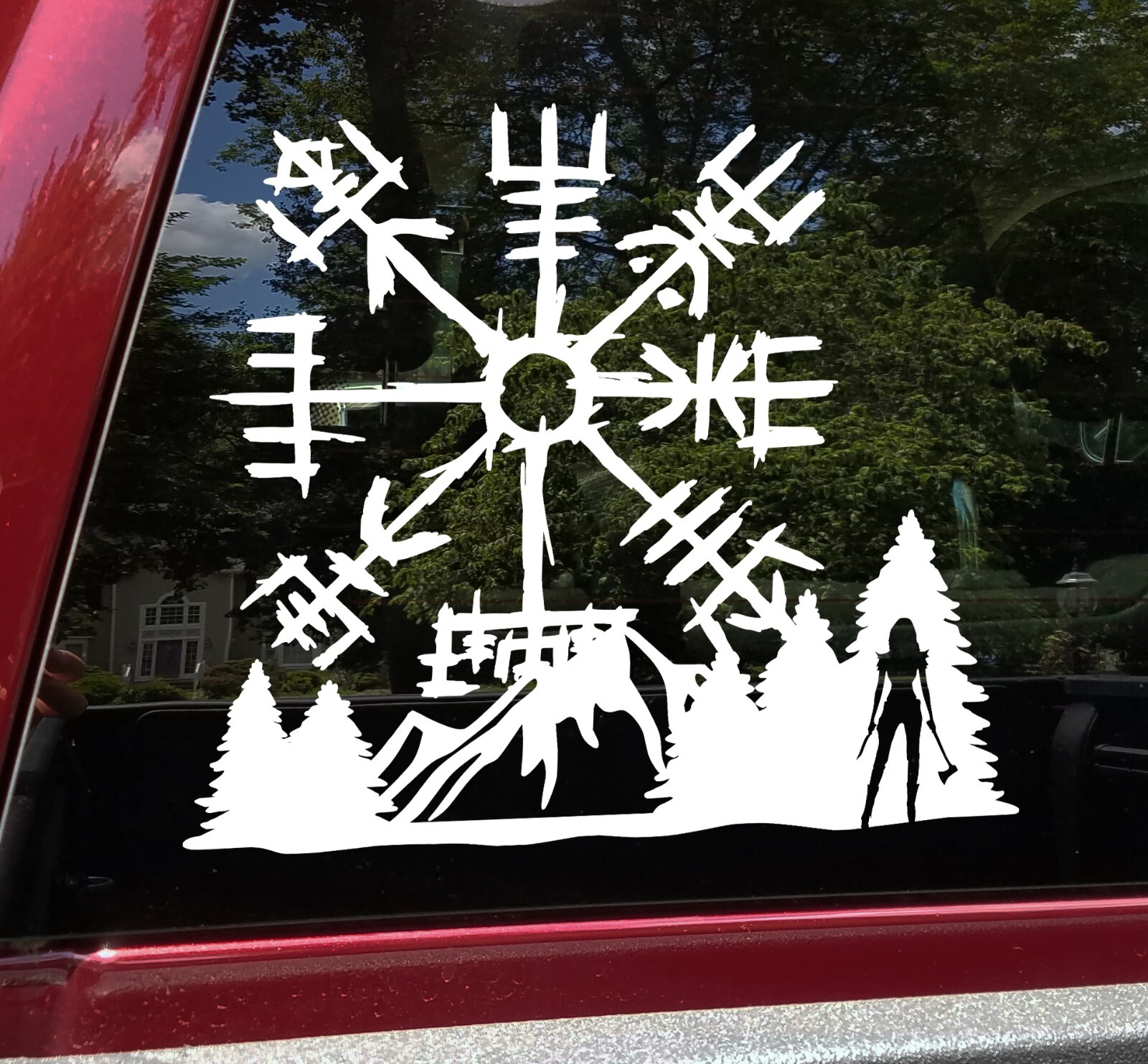 Viking Compass Scene Mountains Vinyl Decal V2 | Female Warrior in Trees