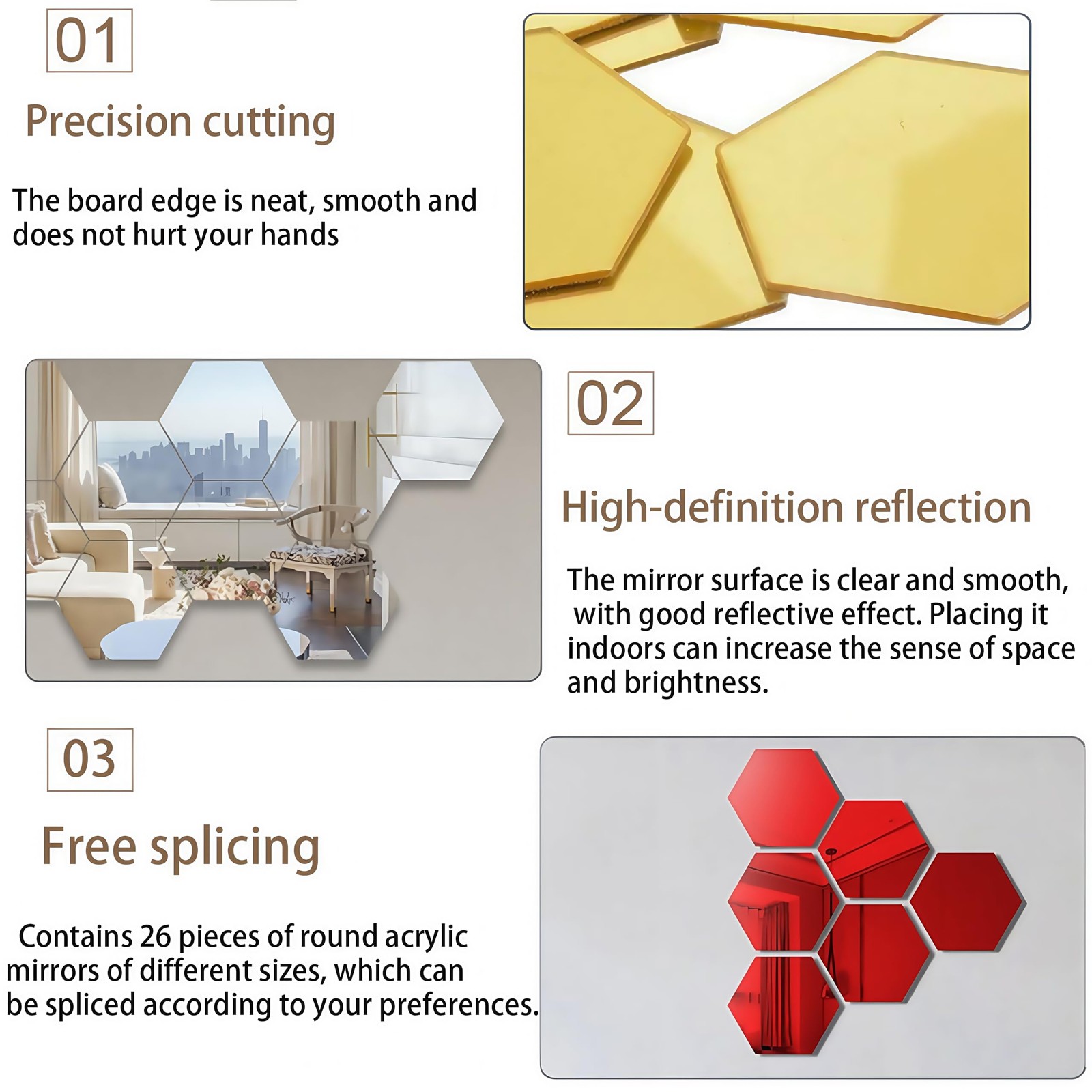 16-Piece (6.3 inches * 7.09 inches) Hexagonal Removable Acrylic Mirror Wall S…