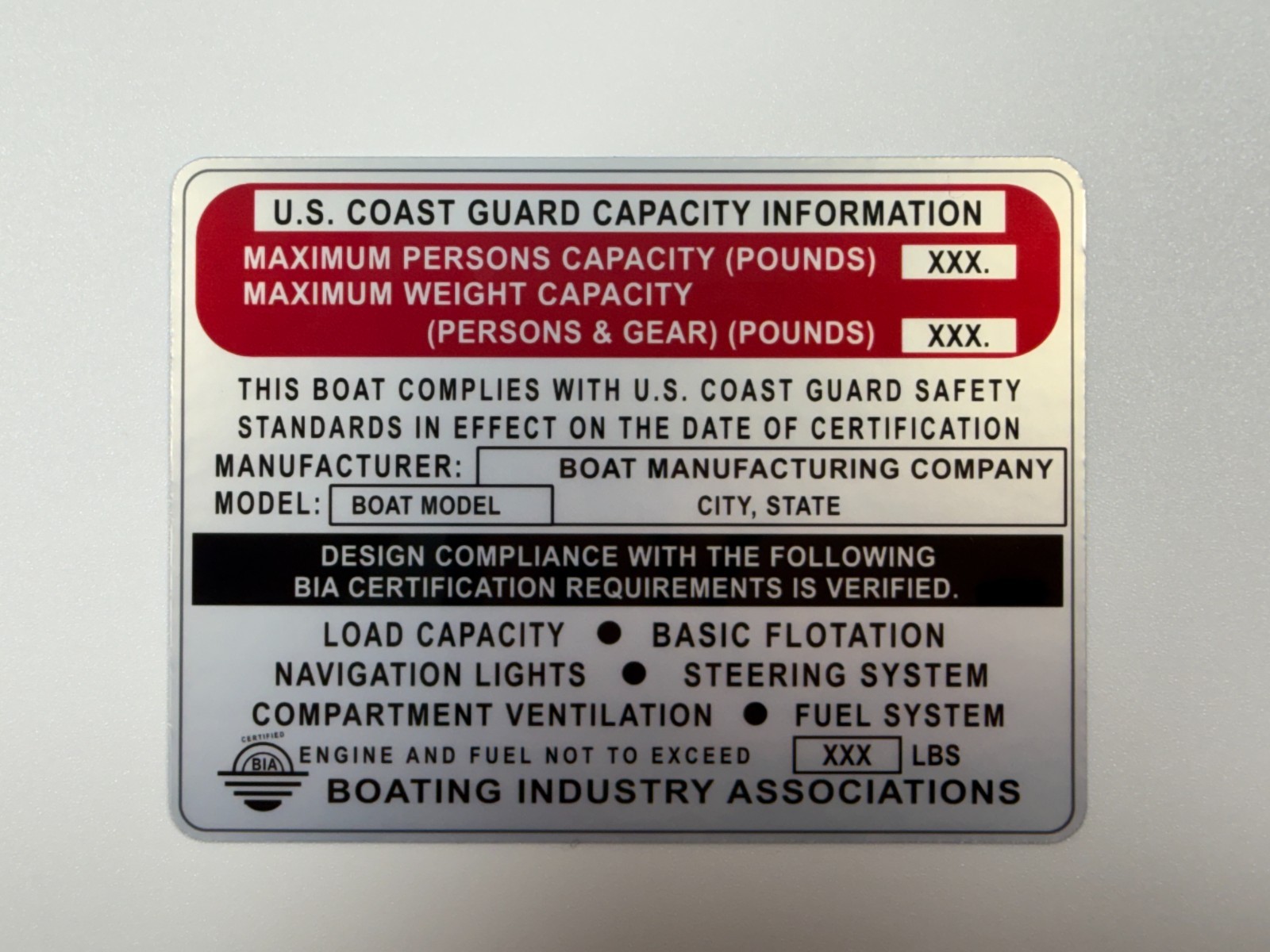 Custom Vintage Boat Capacity Plate Sticker Replacement Decal 4×3 Silver