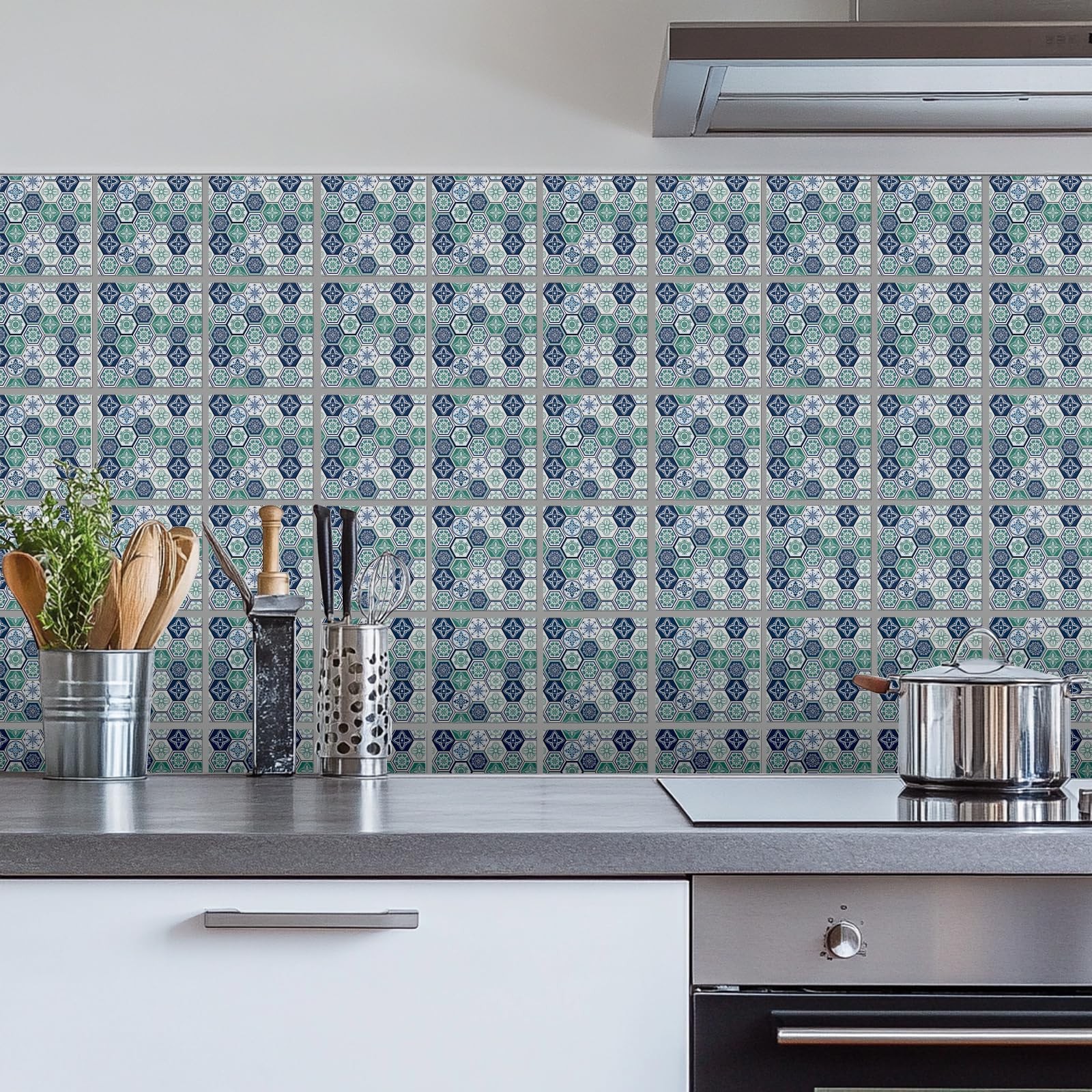 18 Pcs Blue and Green Geometric Patten Tile Sticker 6×6 Inch Bohemian Graphic…