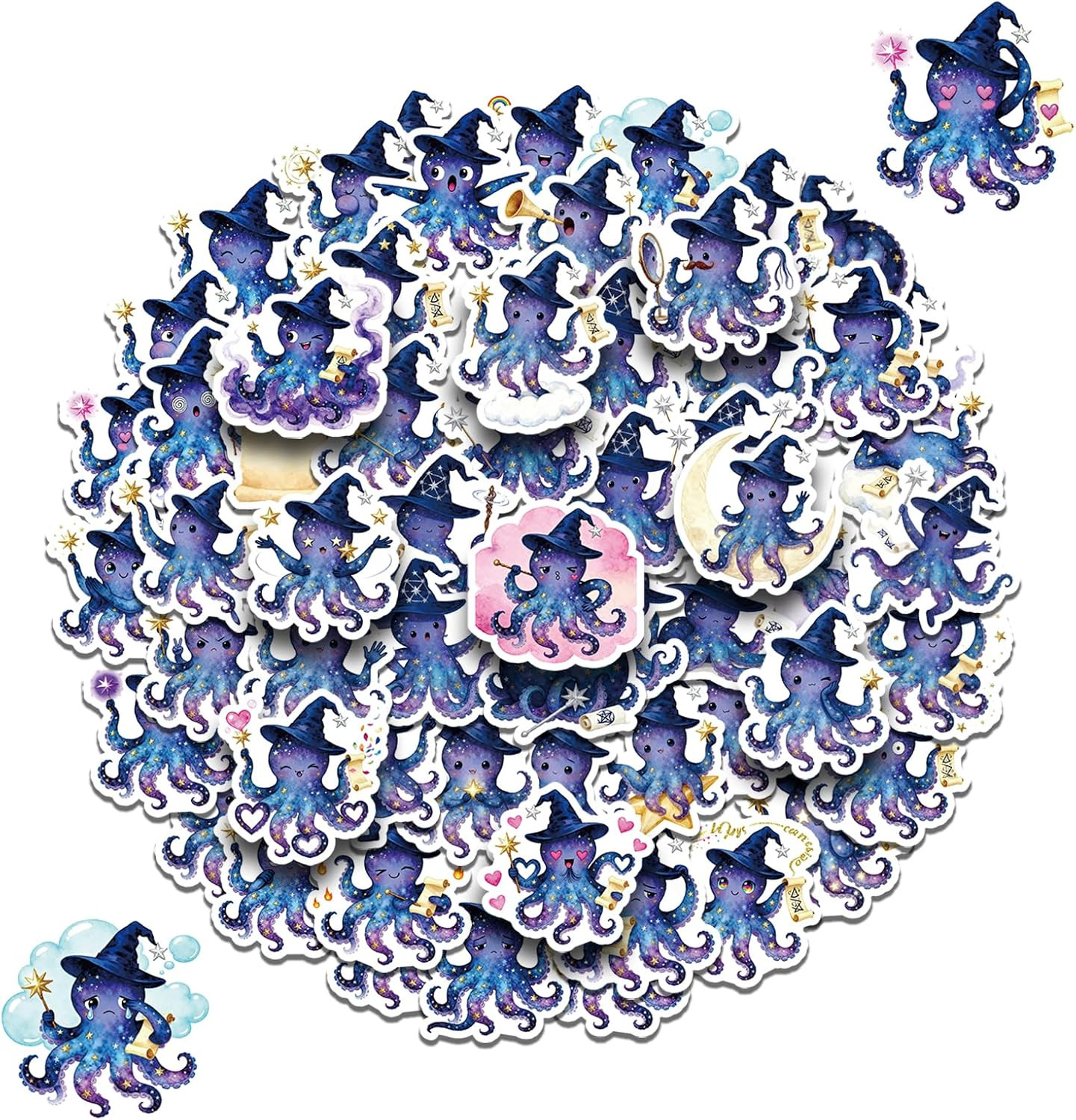 Wizard Octopus Stickers, 60 Piece Set, Waterproof Vinyl Galaxy Theme Decals