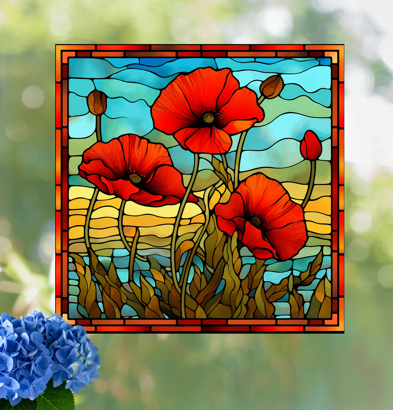 Poppy Faux Stained-Glass WINDOW CLING Size 10.6" Arch Shape ~ Vinyl