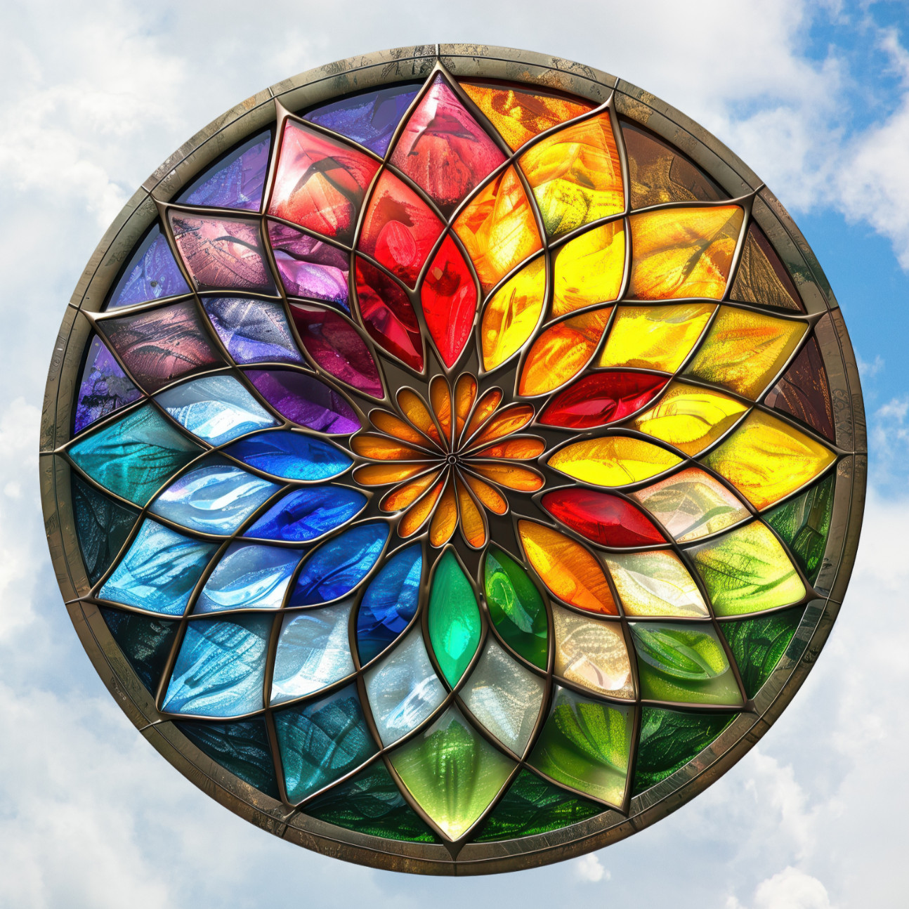 Rainbow Star Flower Faux Stained-Glass WINDOW CLING Size 8" Round Vinyl