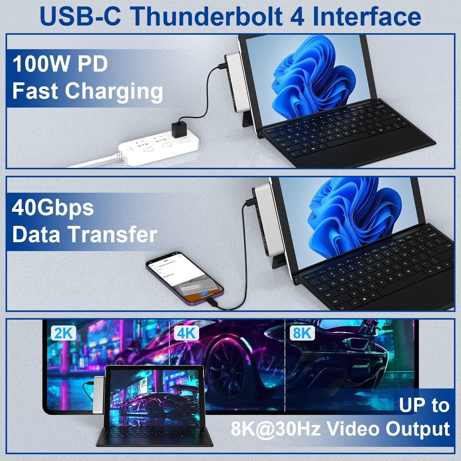 Surface Pro 9/10/11/X Docking Station, Surface Pro 11 USB Hub with 4K HDMI, USB-