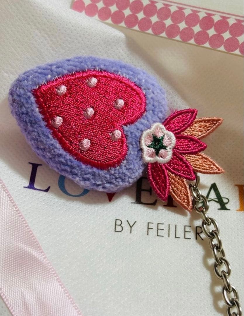 FEILER LOVERARY Corazon Heart Strawberry Charm Keyring Pink Purple 3.5 x 3.1 in