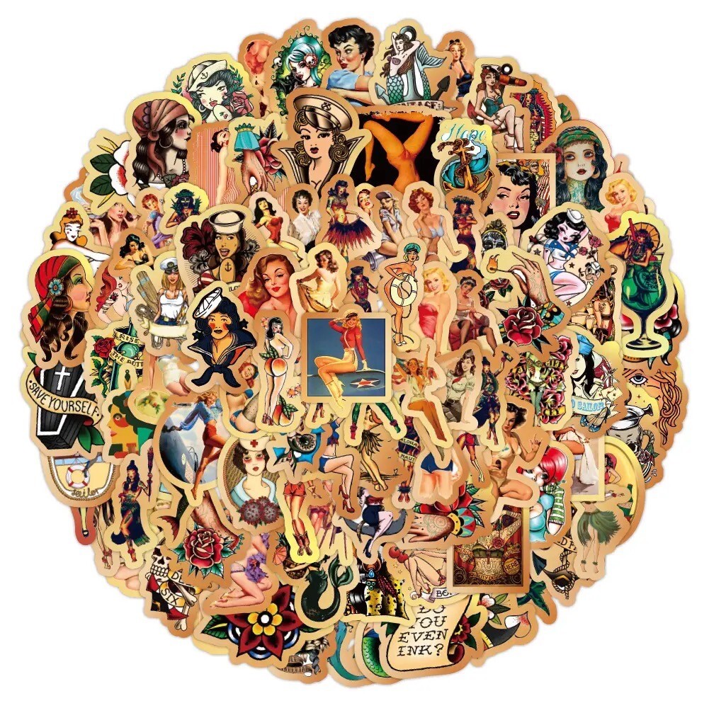 100 PCS Retro Tattoo Pinup Girl Stickers Sexy Decals Laptop Hydro Free Shipping!