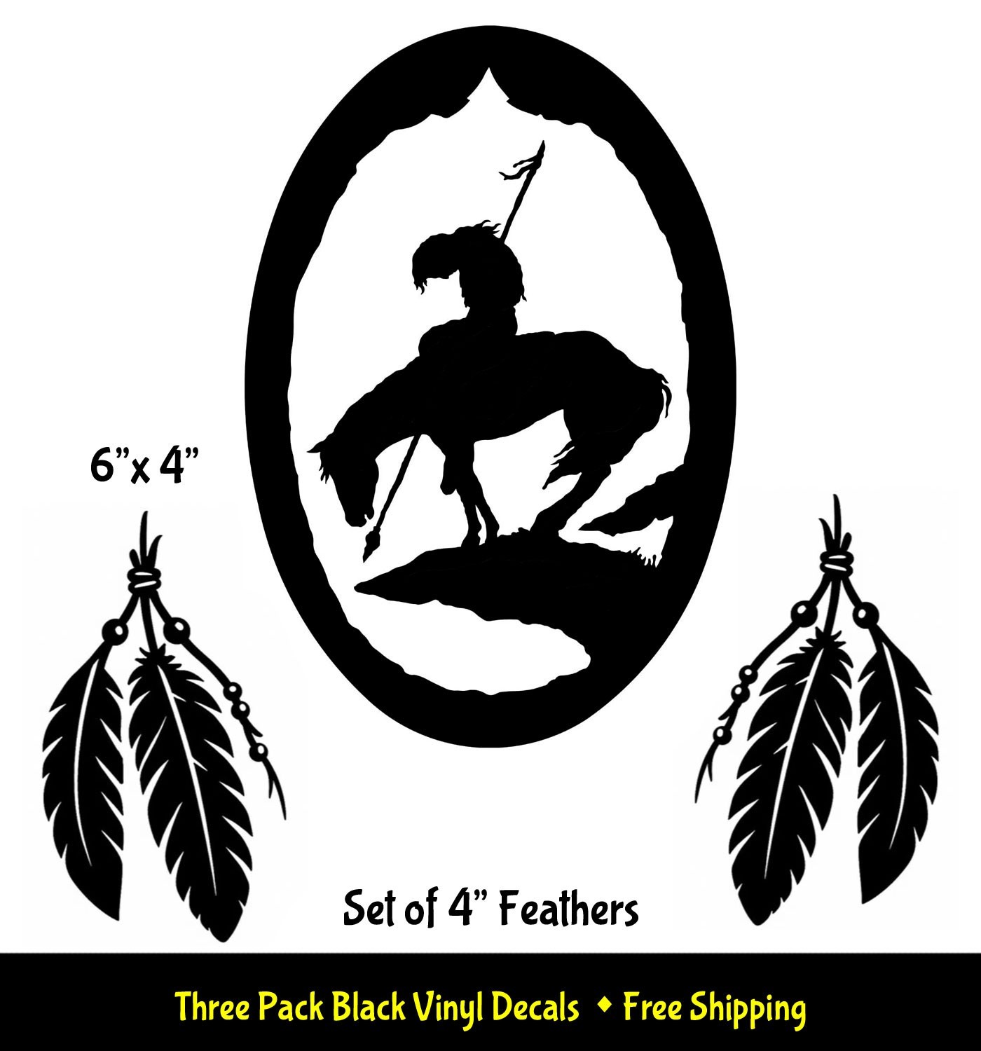 End of the Trail Native American & Two 4" Feathers Black Vinyl Decals Window Car
