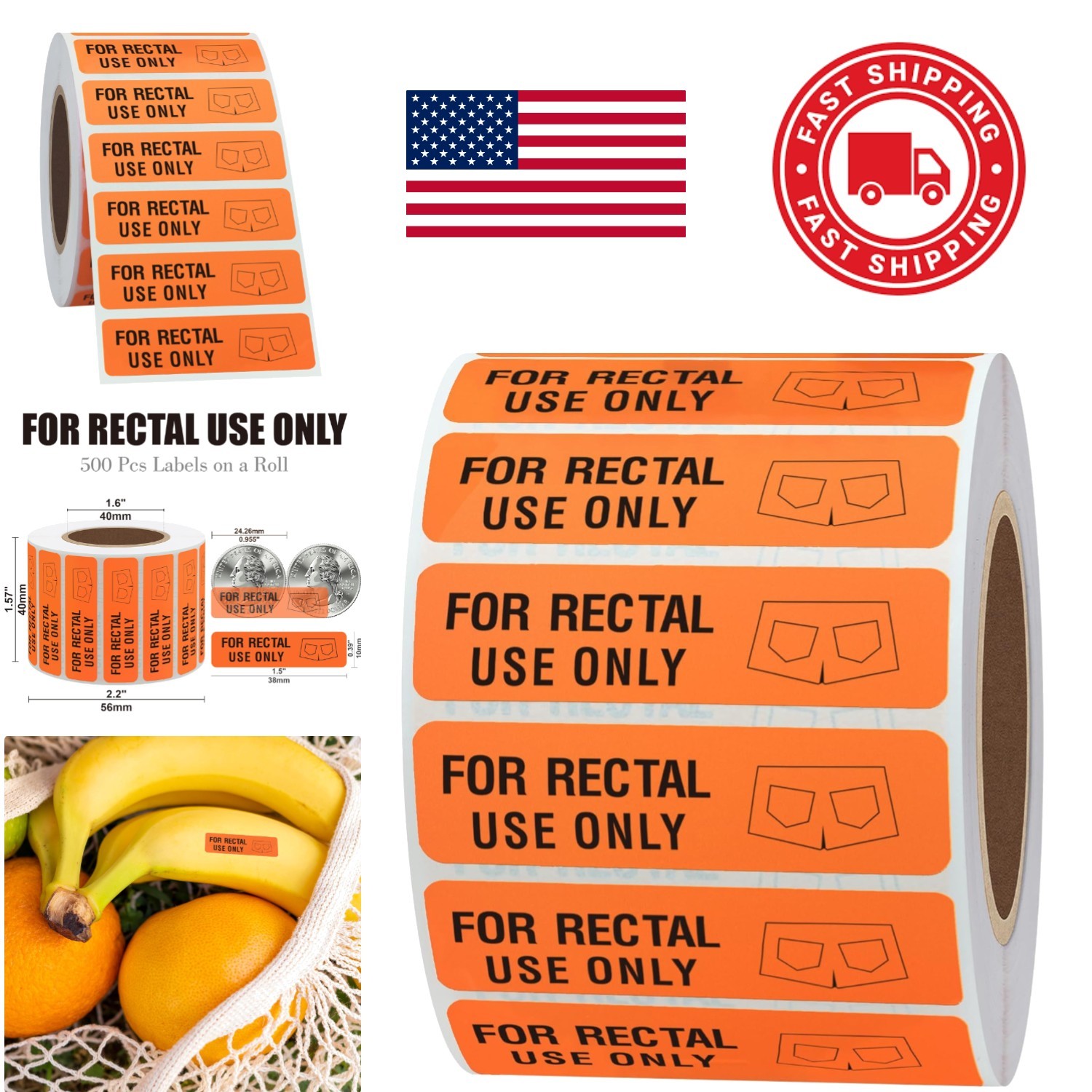 Fluorescent Red Rectal Use Only Stickers 1.5 Inch by 0.375 Inch 500 Labels Roll