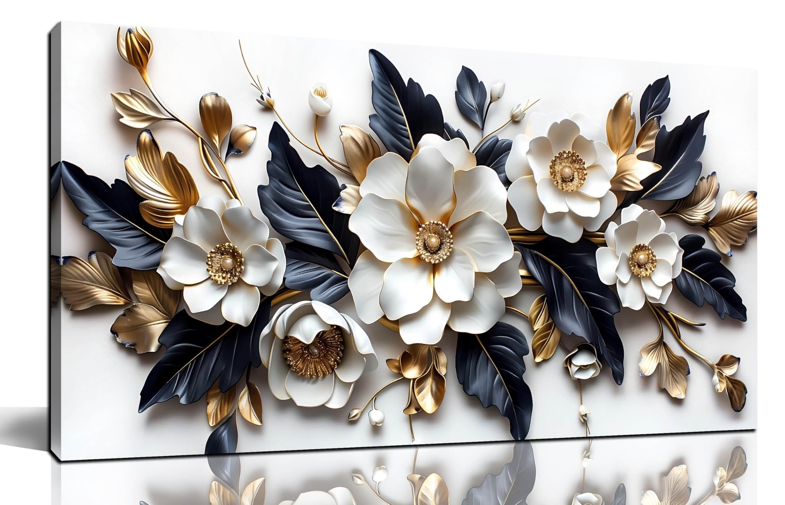 HUBOSKN Flower Pictures Wall Decor for Living Room – Blue White and Gold Wall…
