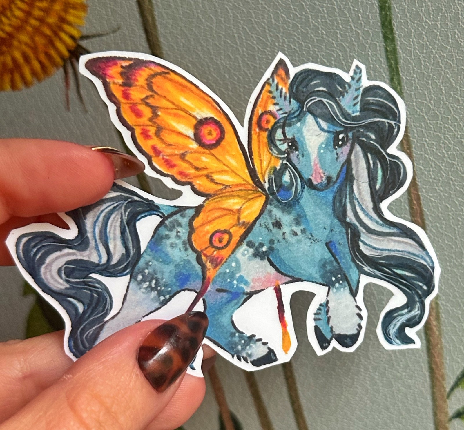 Fantasy horse butterfly moth fairy blue vinyl sticker 3” original art by ASV
