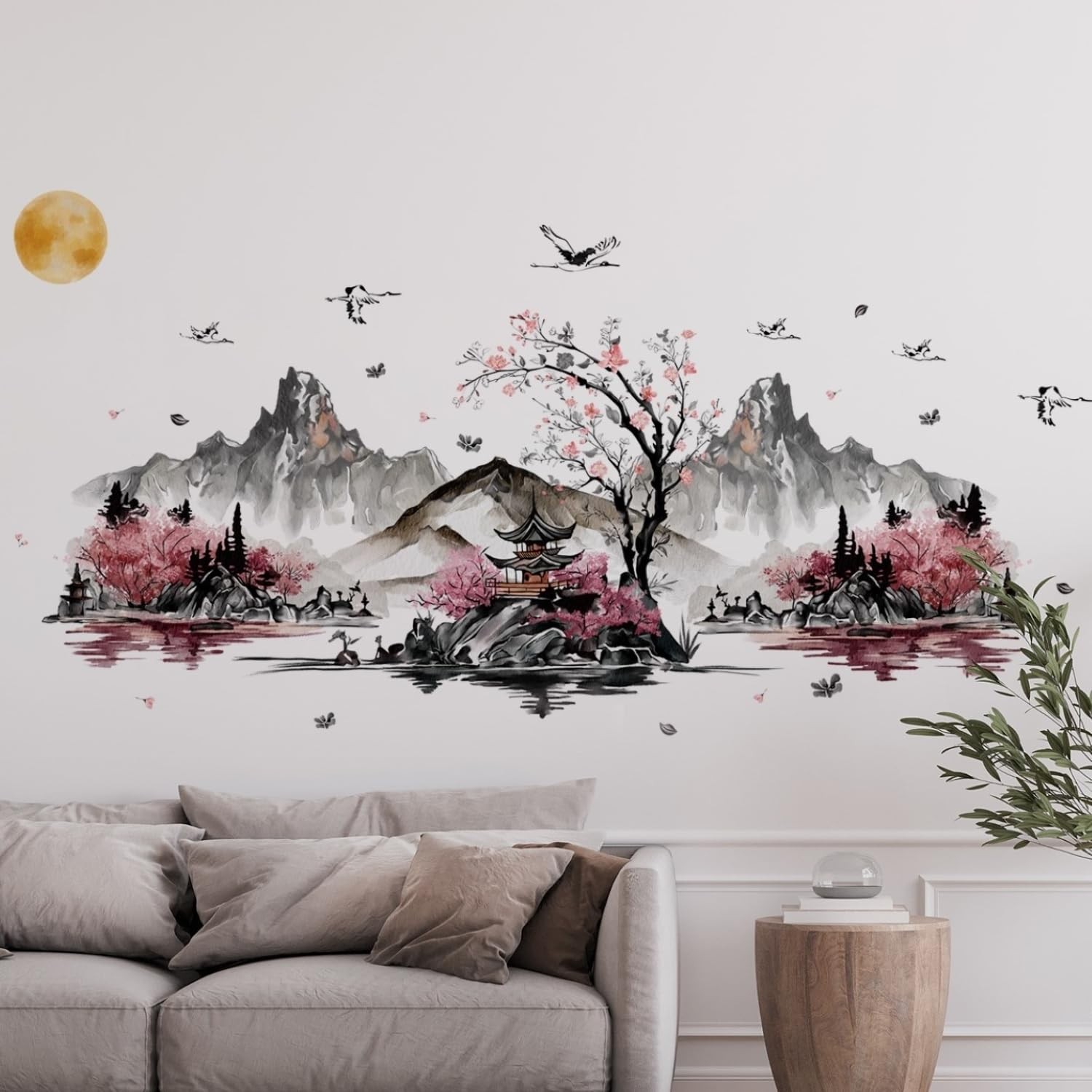 Chinese Style Wall Stickers Ink Mountain Flower Tree Wall Decals DIY Peel and…