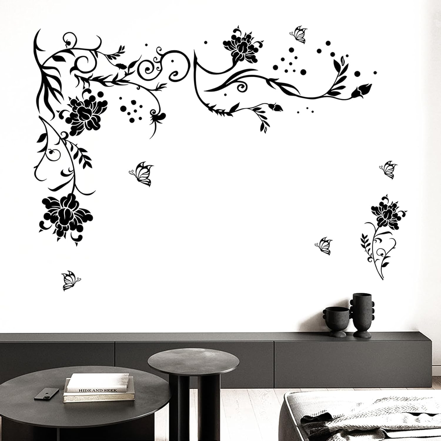 Supzone Flowers & Butterflies Wall Decals – DIY Black & Floral Wall Stickers for