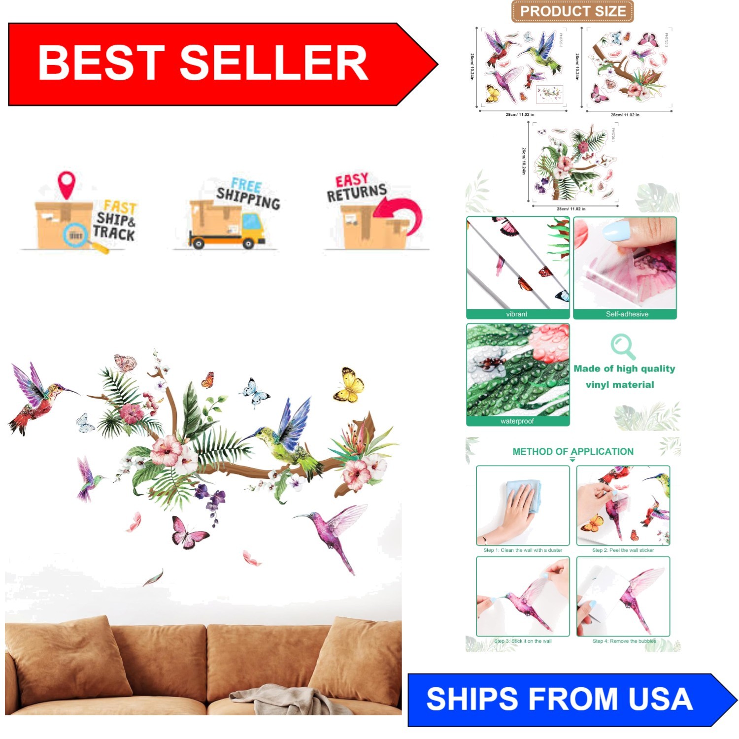 3 Sheets Colorful Hummingbirds Wall Stickers – Botanical Vinyl Decor