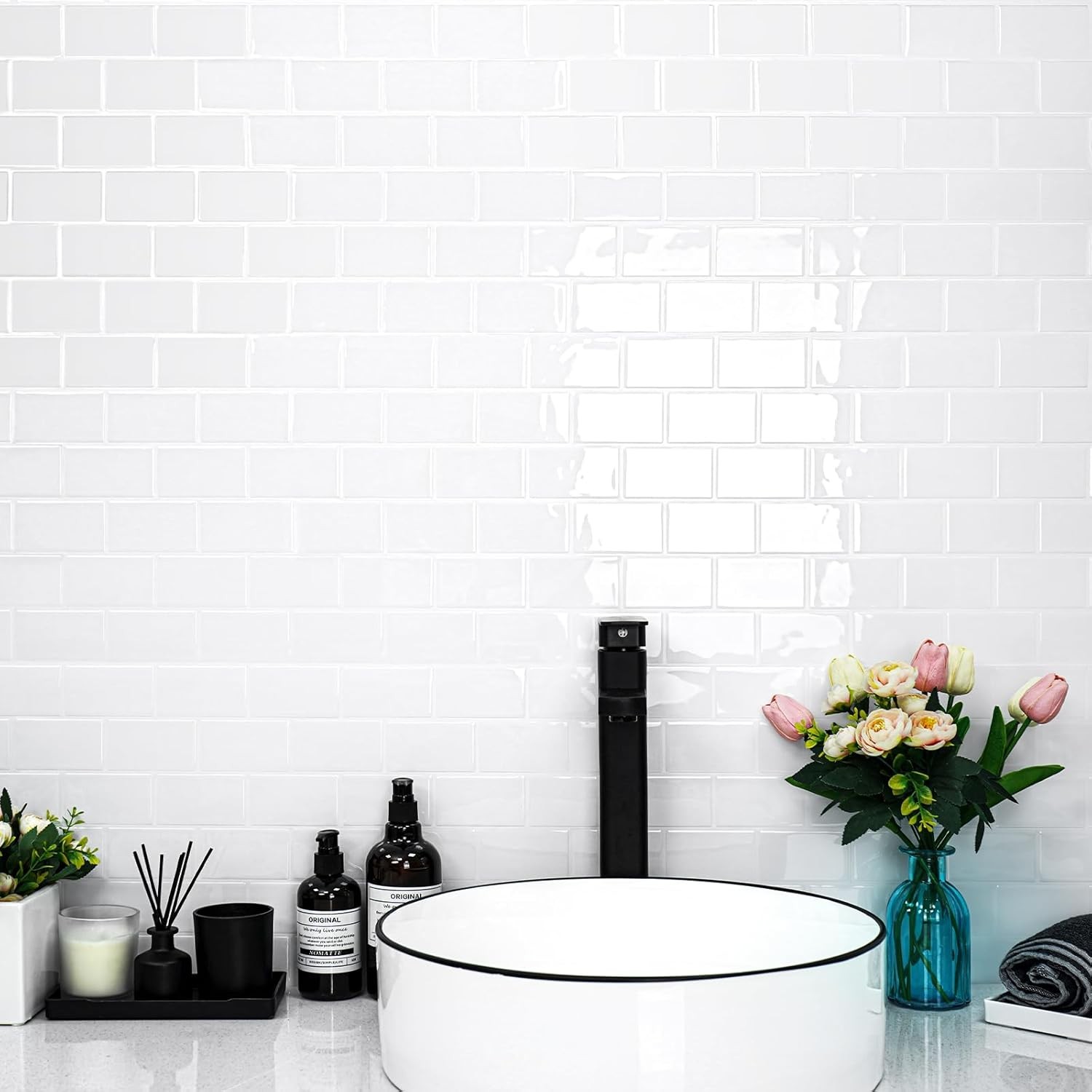 STICKGOO 10-Sheet White Subway Tiles Peel and Cold With Grout
