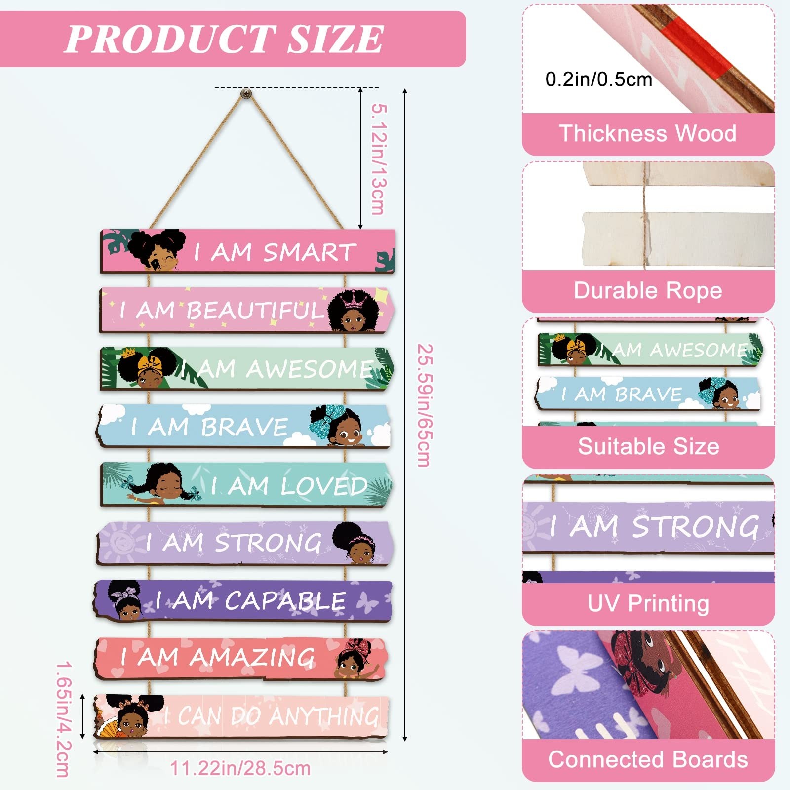 Set of 9 Black Girl Wall Art Decor Wood Motivational Girl Room Wall Art Rainb…