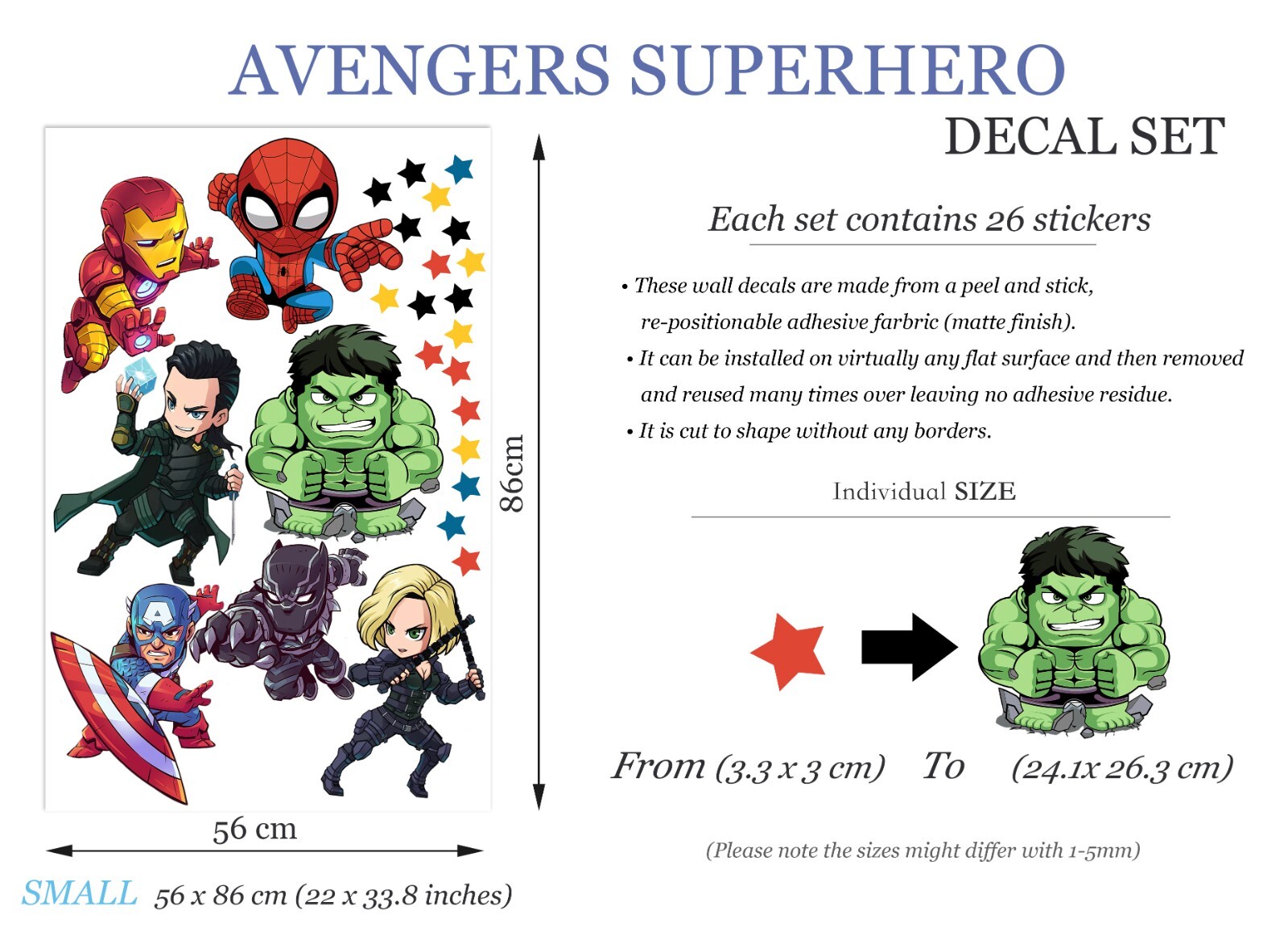 Avengers Superhero Hulk Spiderman Iron Man Captain America Wall Decal Sticker