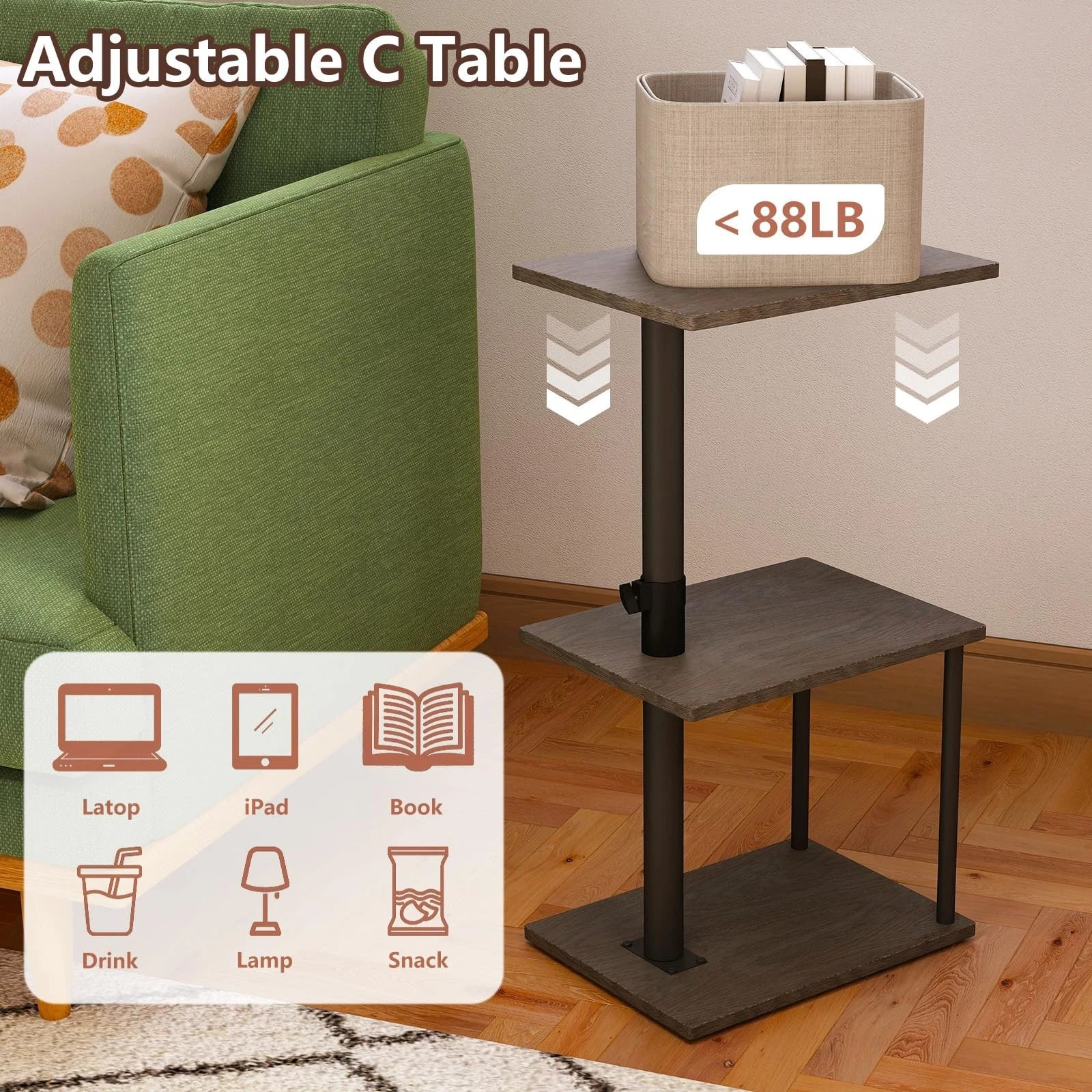 Swivel Side Table for Couch Arm Height Adjustable C for Recliner or Bed Tv Trays