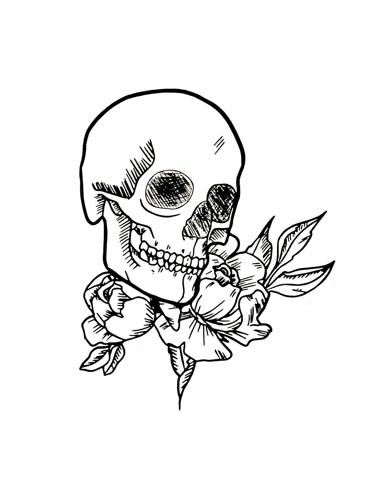 Skull Flowers Phone Sticker (2 Inch) Line Art Minimalist Gothic Sketch Floral