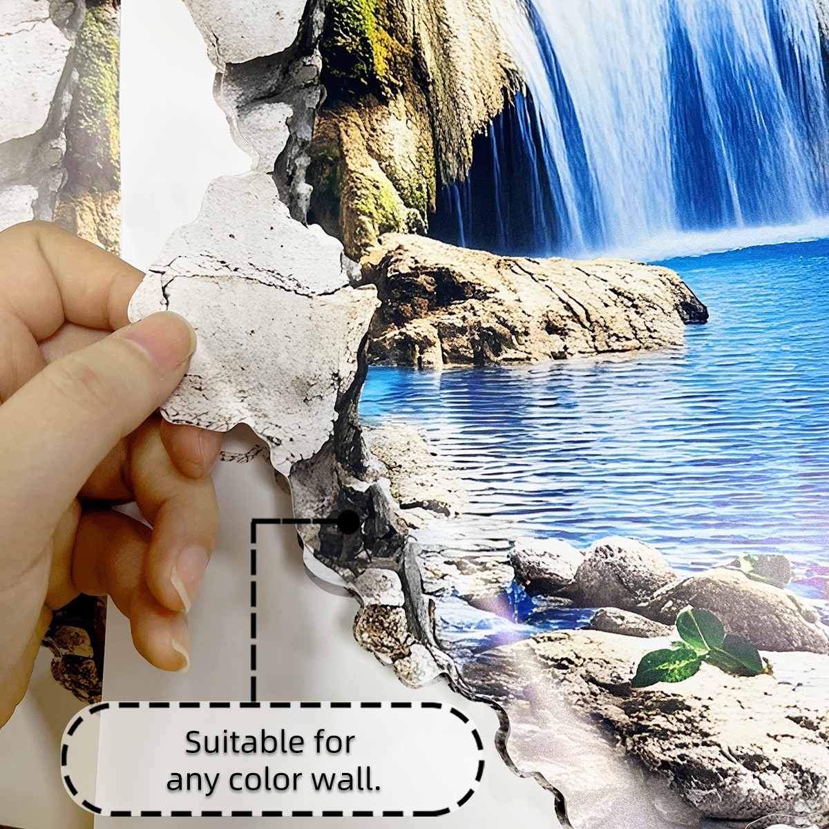 Realistic 3D Waterfall Mural Sticker with Cracked Wall Effect PVC 11.81×23.62in