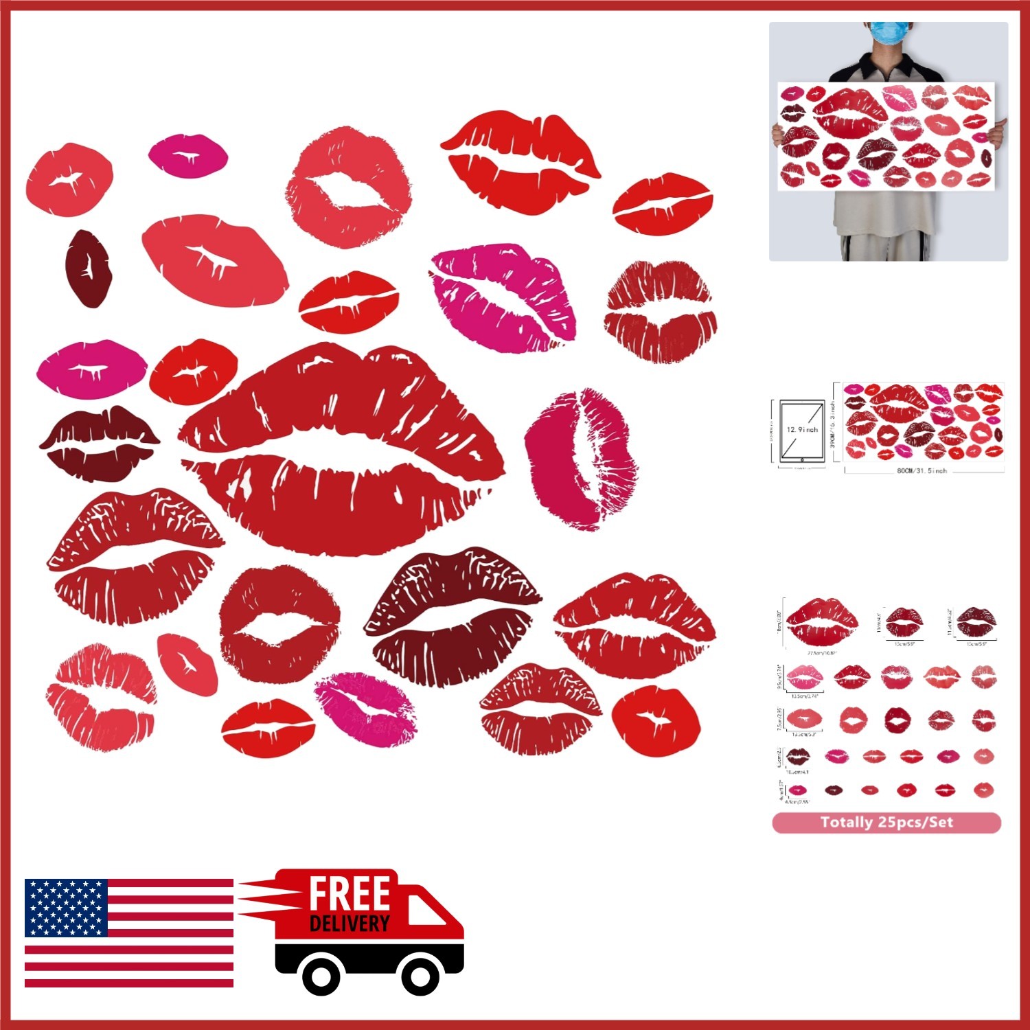 25PCS Red Lips Wall Art Stickers for Bedroom Living Room Valentine's Decor