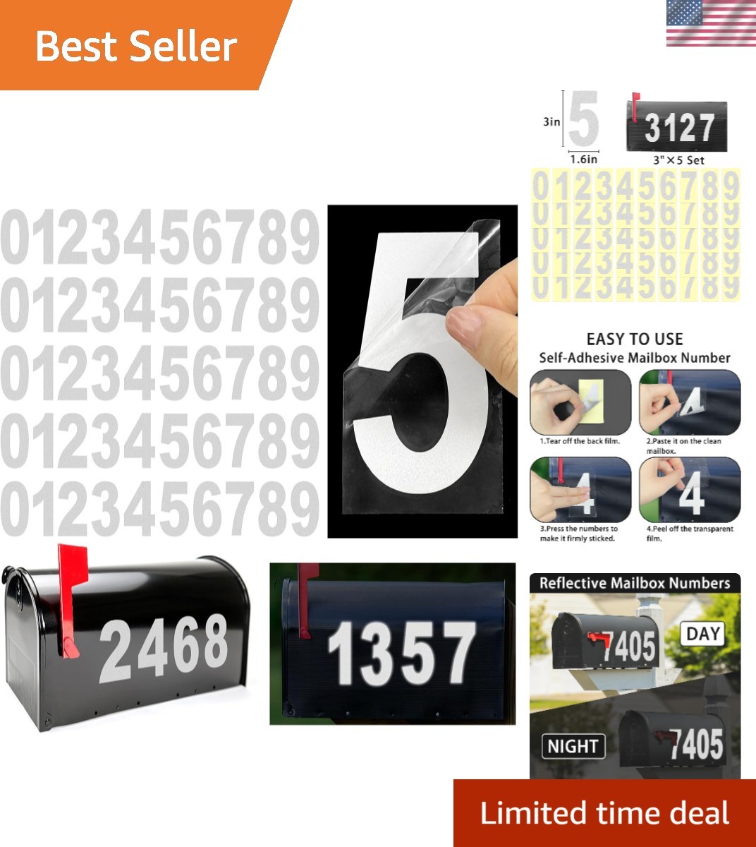 3 Sheets Reflective Mailbox Numbers 3 Inch 0-9 Vinyl Self-Adhesive Stickers