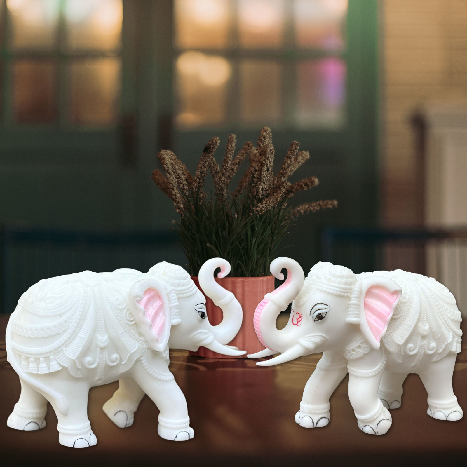 White Marble Elephant Statue Pair 5×6 Inches, Trunk Up Decorative Elephant Idols